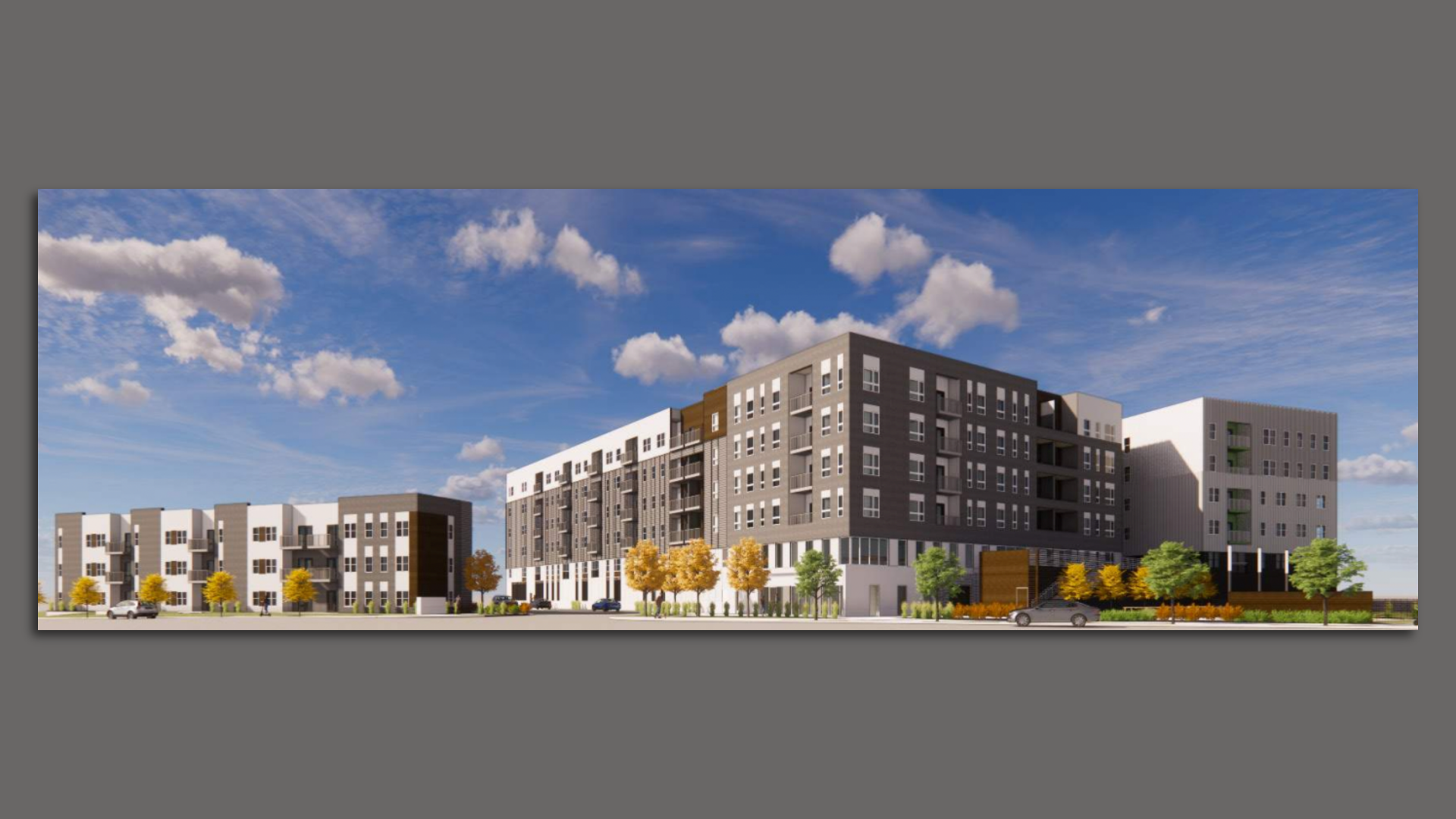 A drawing of an apartment building