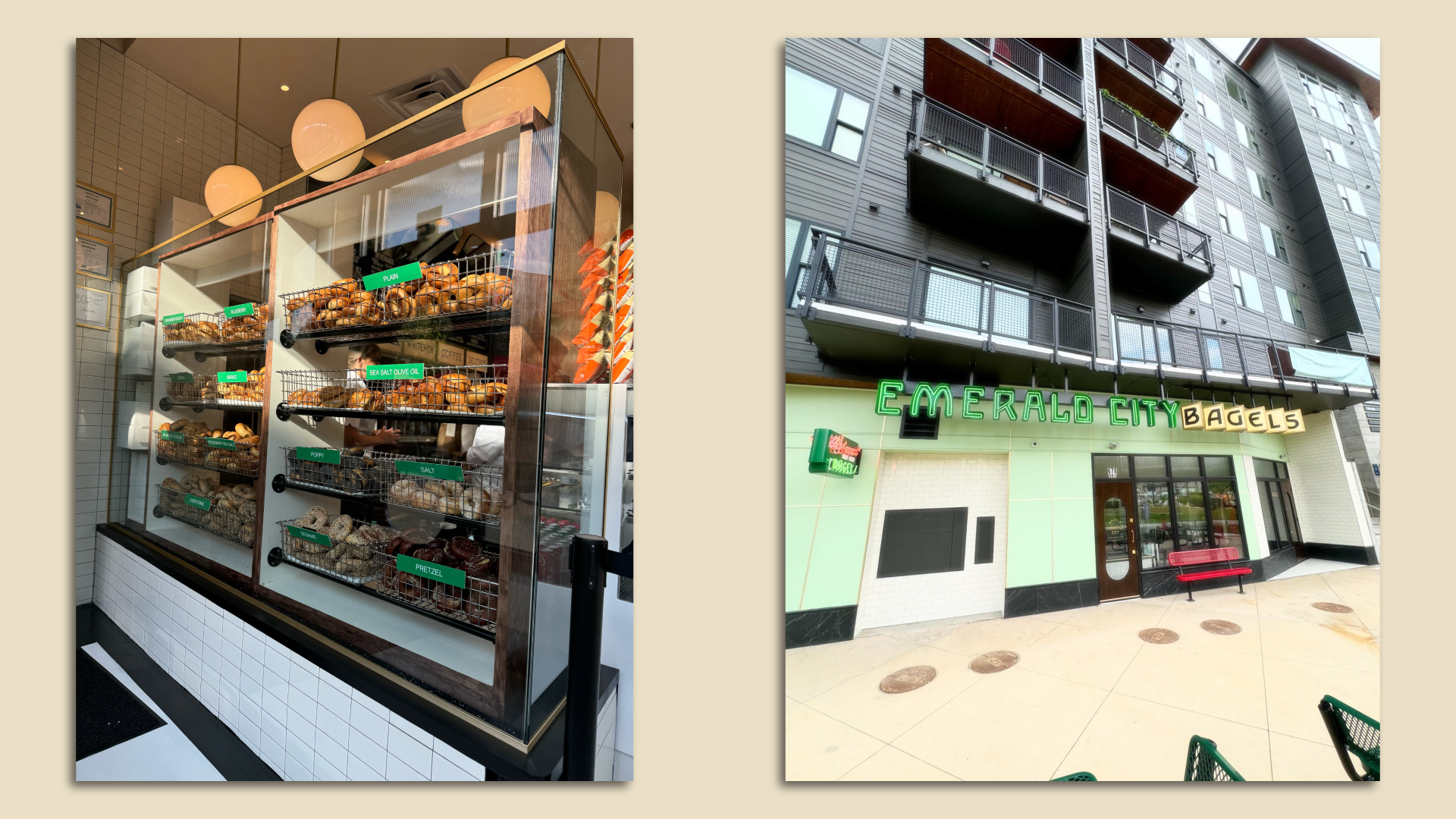 Side by side photos of a green bagel shop called "Emerald City Bagels" and the range of bagel options in wire baskets and green signs noting each flavor
