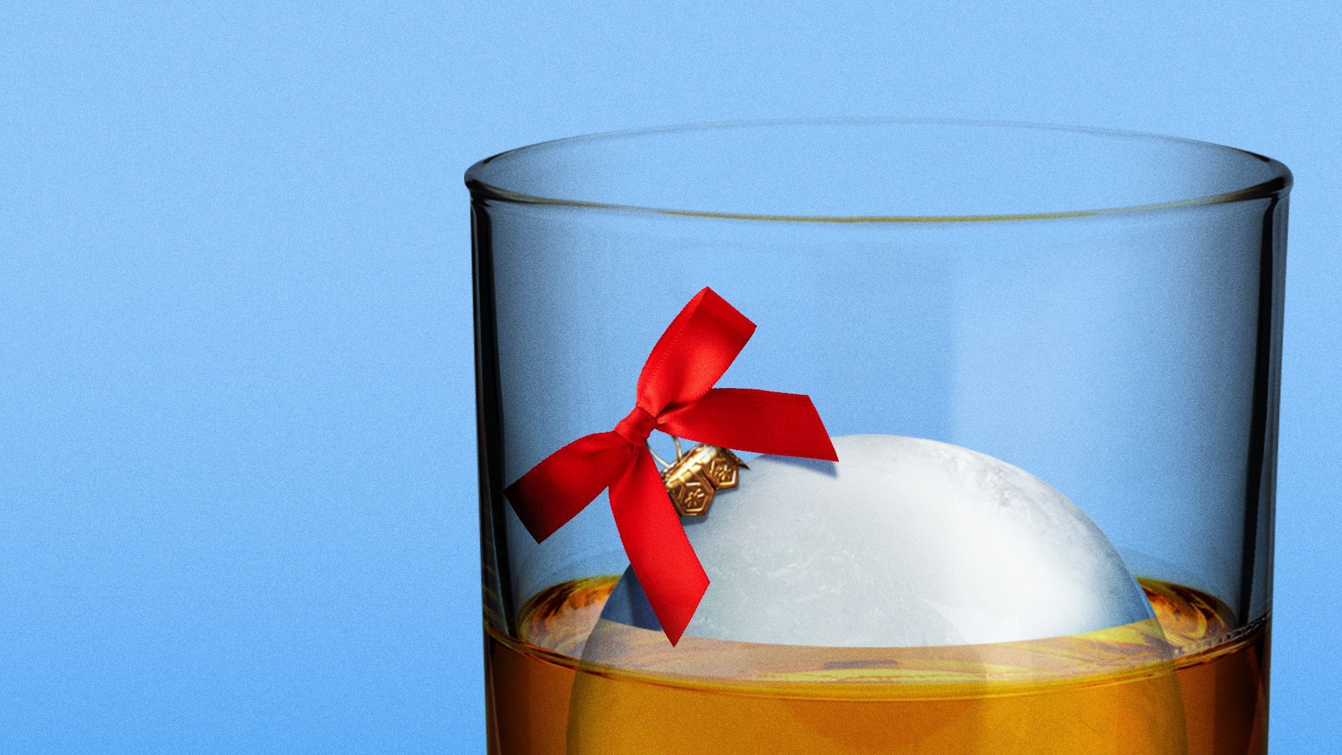 Illustration of a whiskey glass with a spherical ice cube that looks like a Christmas ornament.