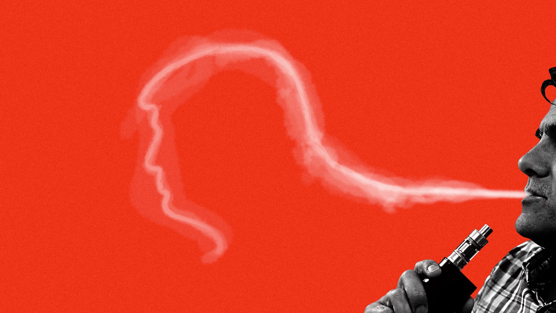 A man vaping smoke in the shape of Trump