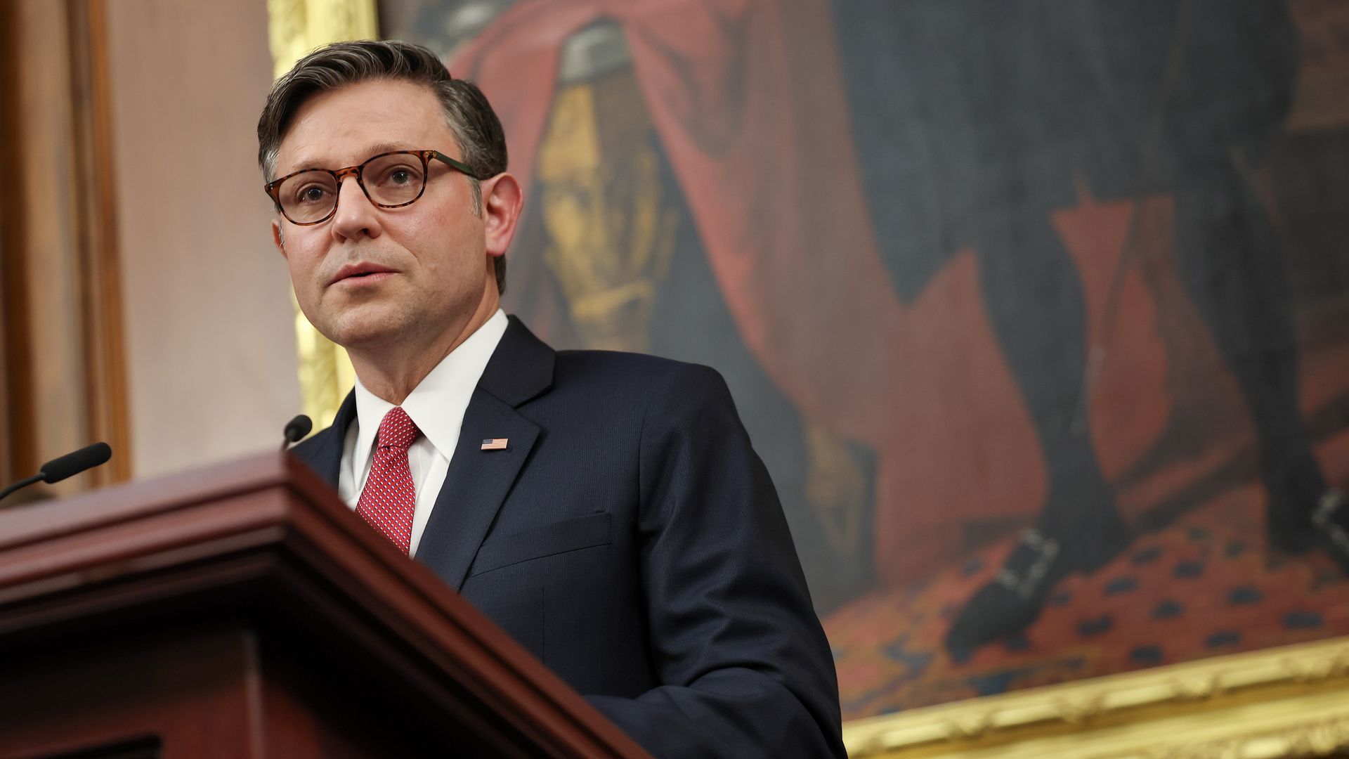  Speaker of the House Rep. Mike Johnson (R-LA) speaks during his weekly press conference at the US Capitol on June 24, 2025 in Washington, DC. 