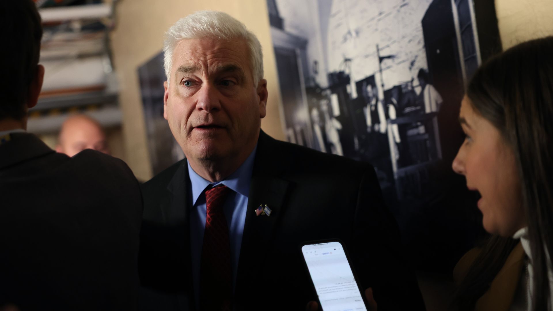 U.S. House Majority Whip REp. Tom Emmer (R-MN) speaks to reporters as he departs from a House Republican caucus meeting at the U.S. Capitol on February 06, 2024 in Washington, DC.