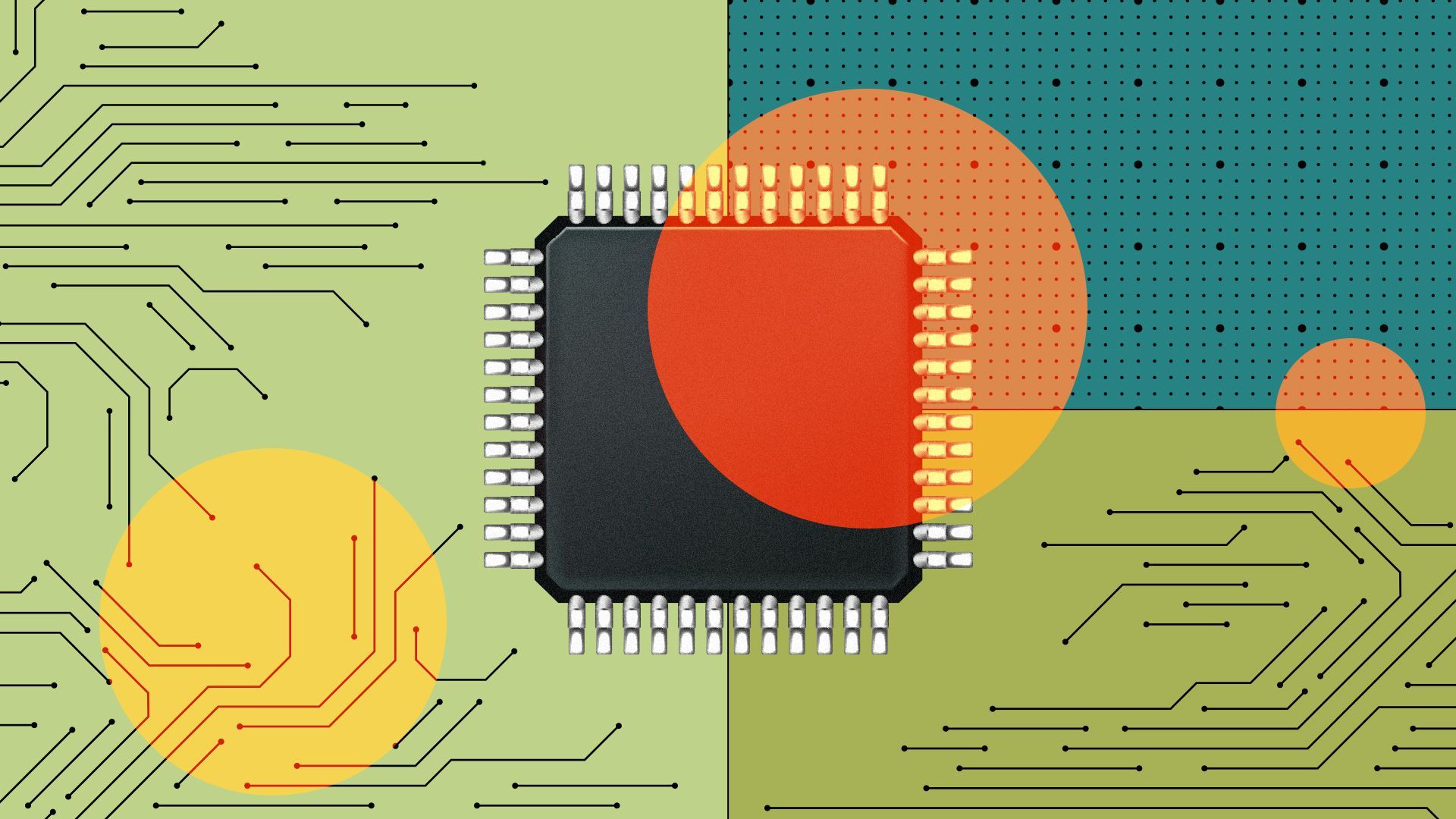 Illustration of a computer chip on an abstract background of circuitry patterns.