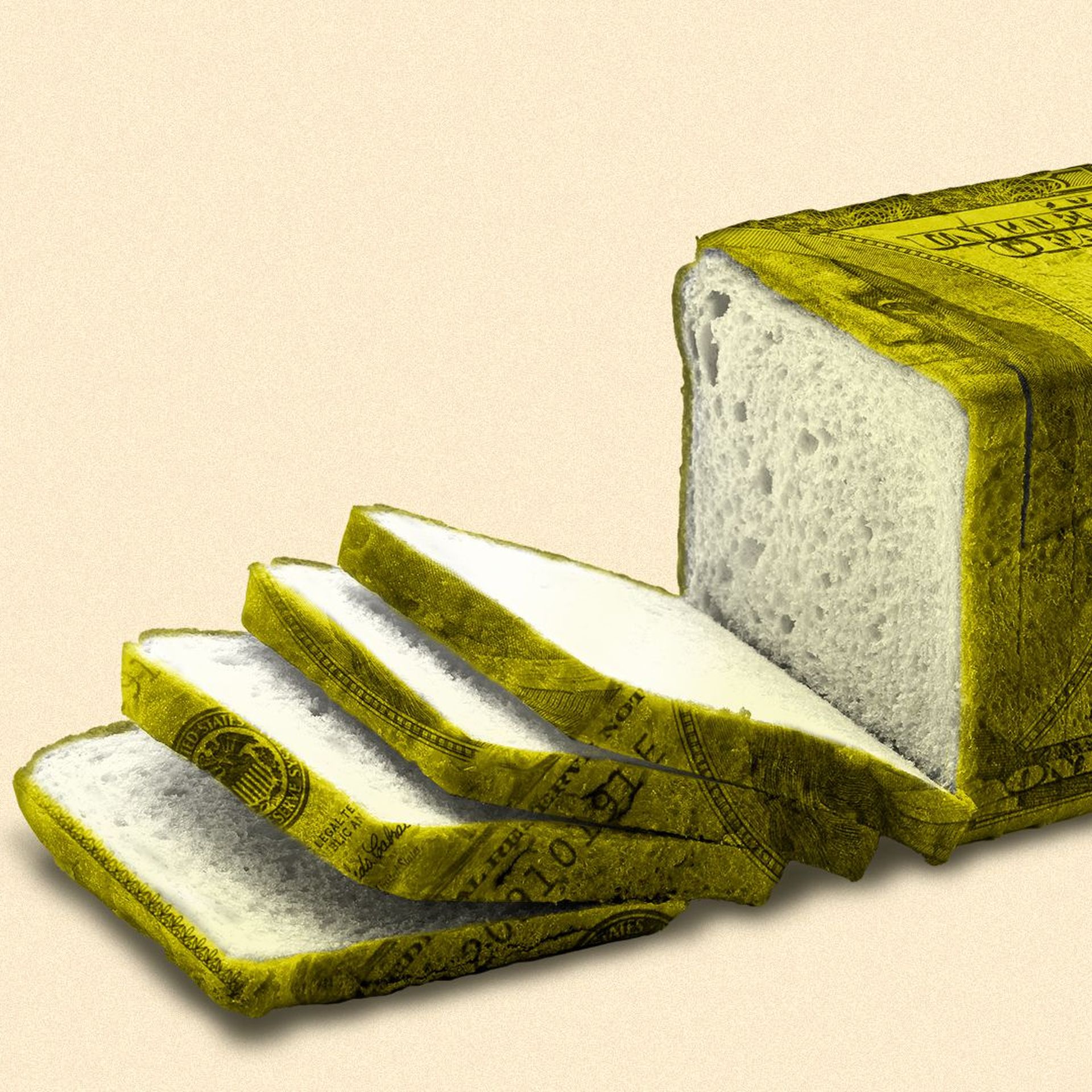 Illustration of a hundred dollar bill in the shape of a loaf of bread