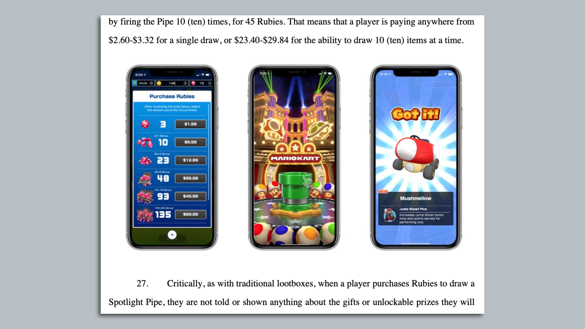 Screenshot of a lawsuit, showing images of Mario Kart Tour's in-game shop