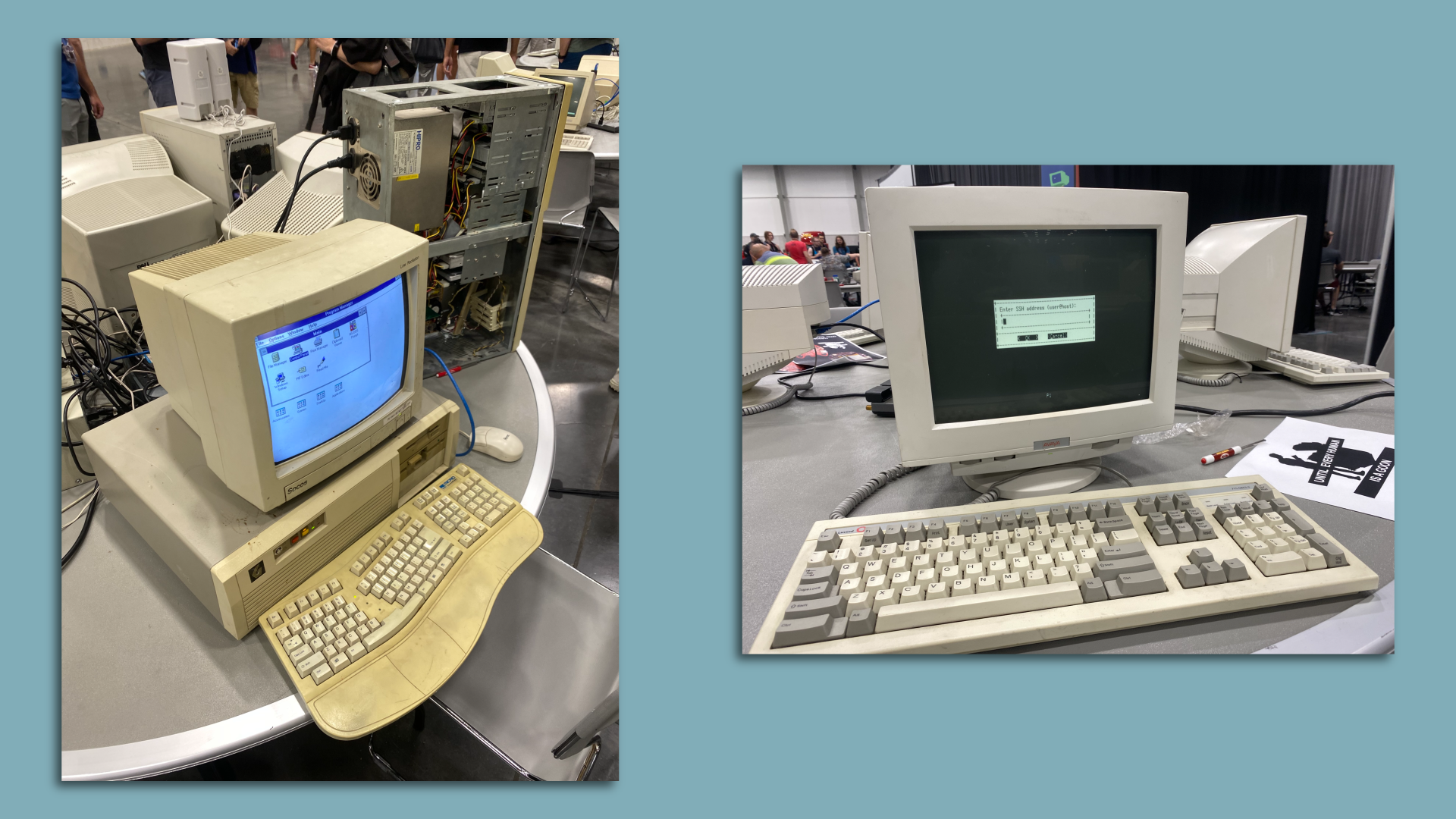 Images of two retro desktop computers at the DEF CON conference