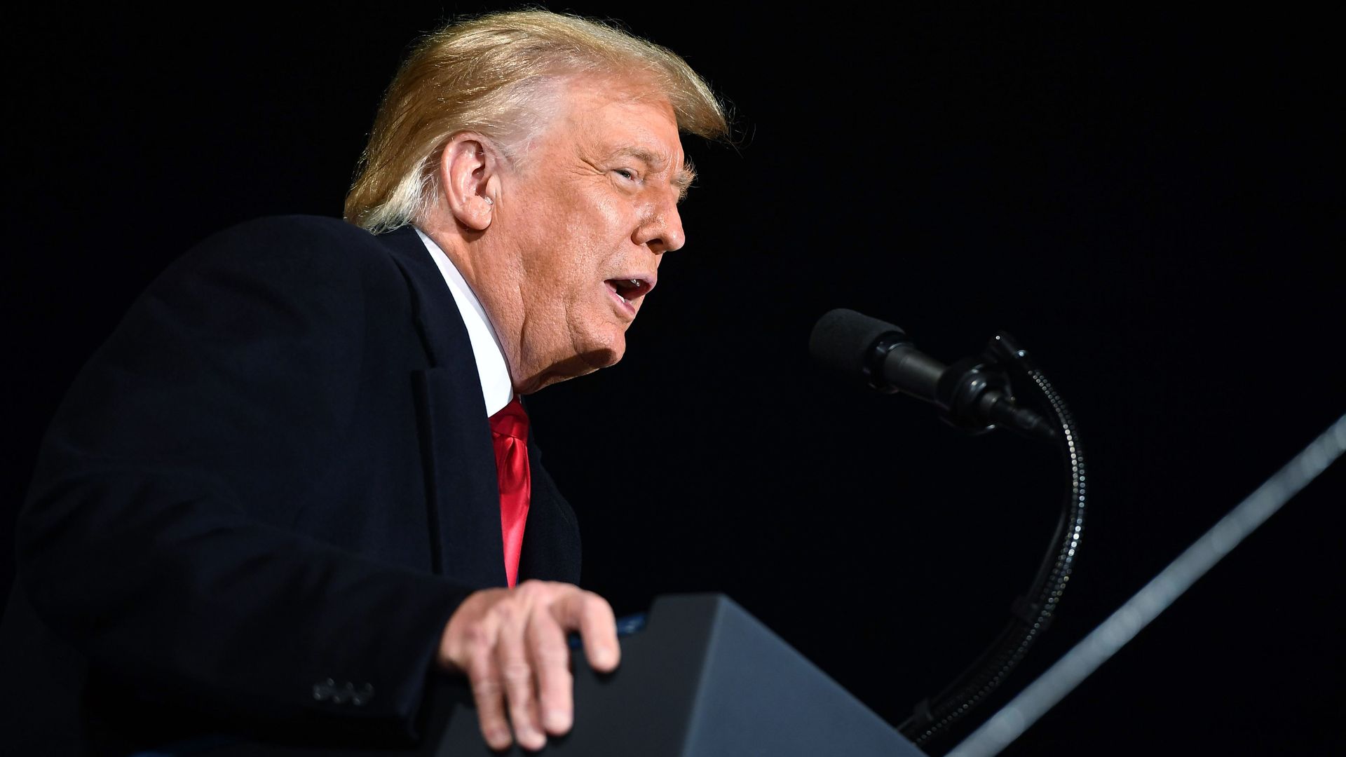 Trump speaks while standing at a podium