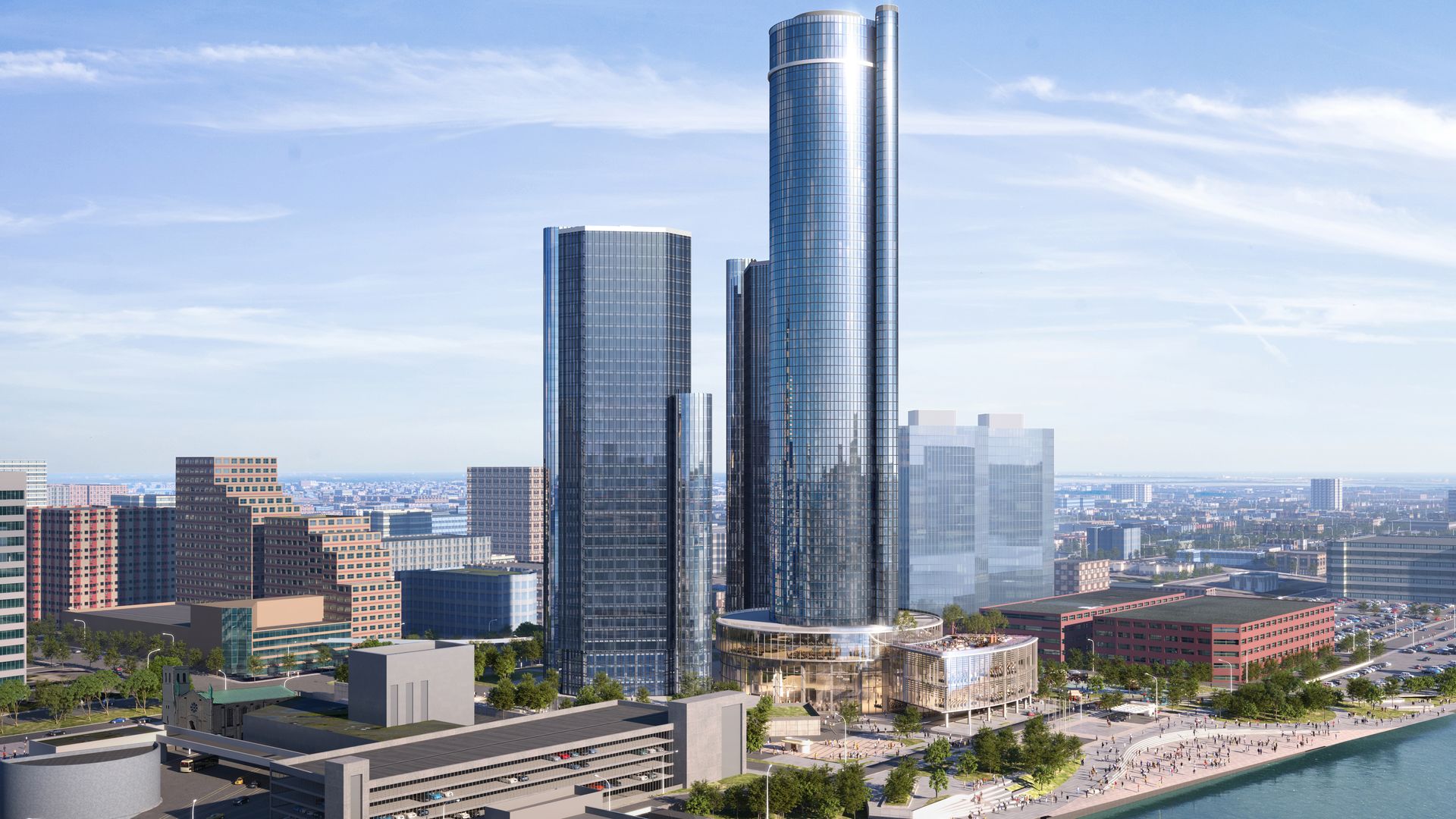 The buildings are pictured in a rendering, along the riverfront, with two towers gone.