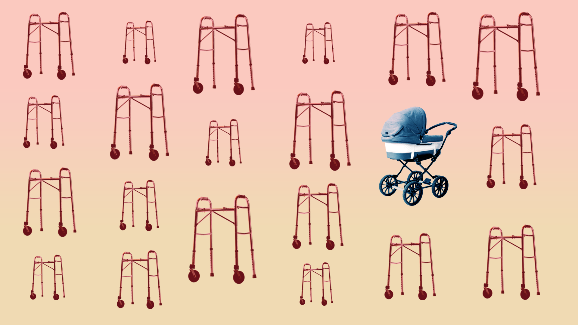 Illustration of several walkers and a stroller