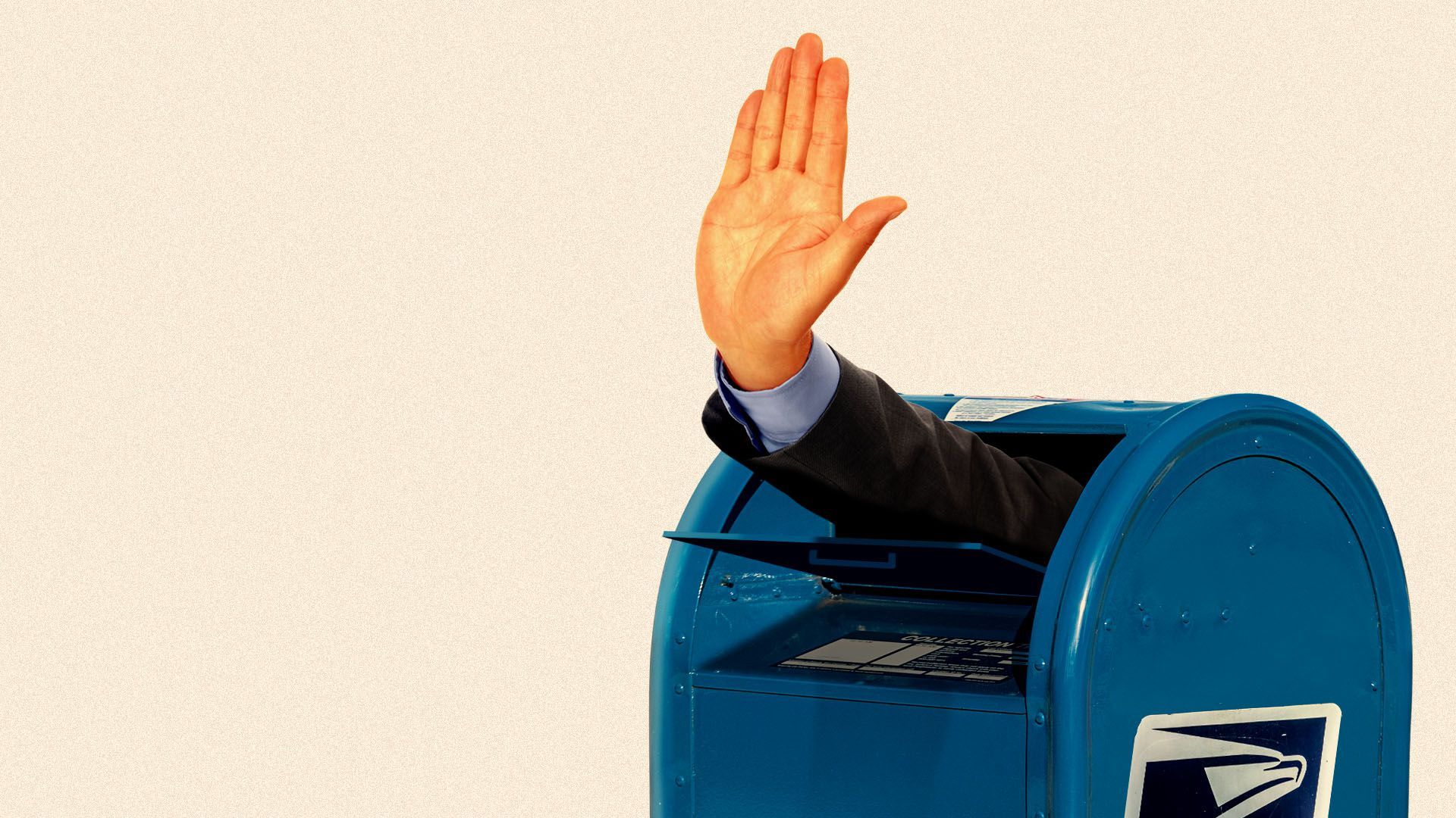 Illustration of a hand making a stopping motion coming out of a USPS mailbox