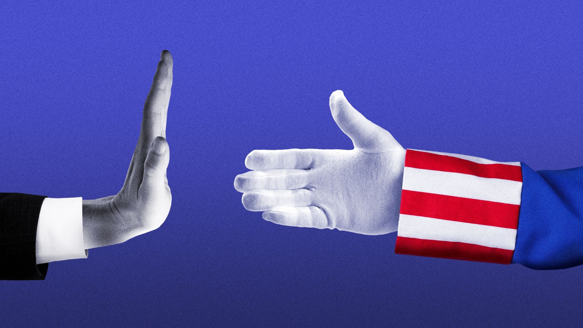 Illustration of a hand refusing to shake Uncle Sam's outstretched hand.