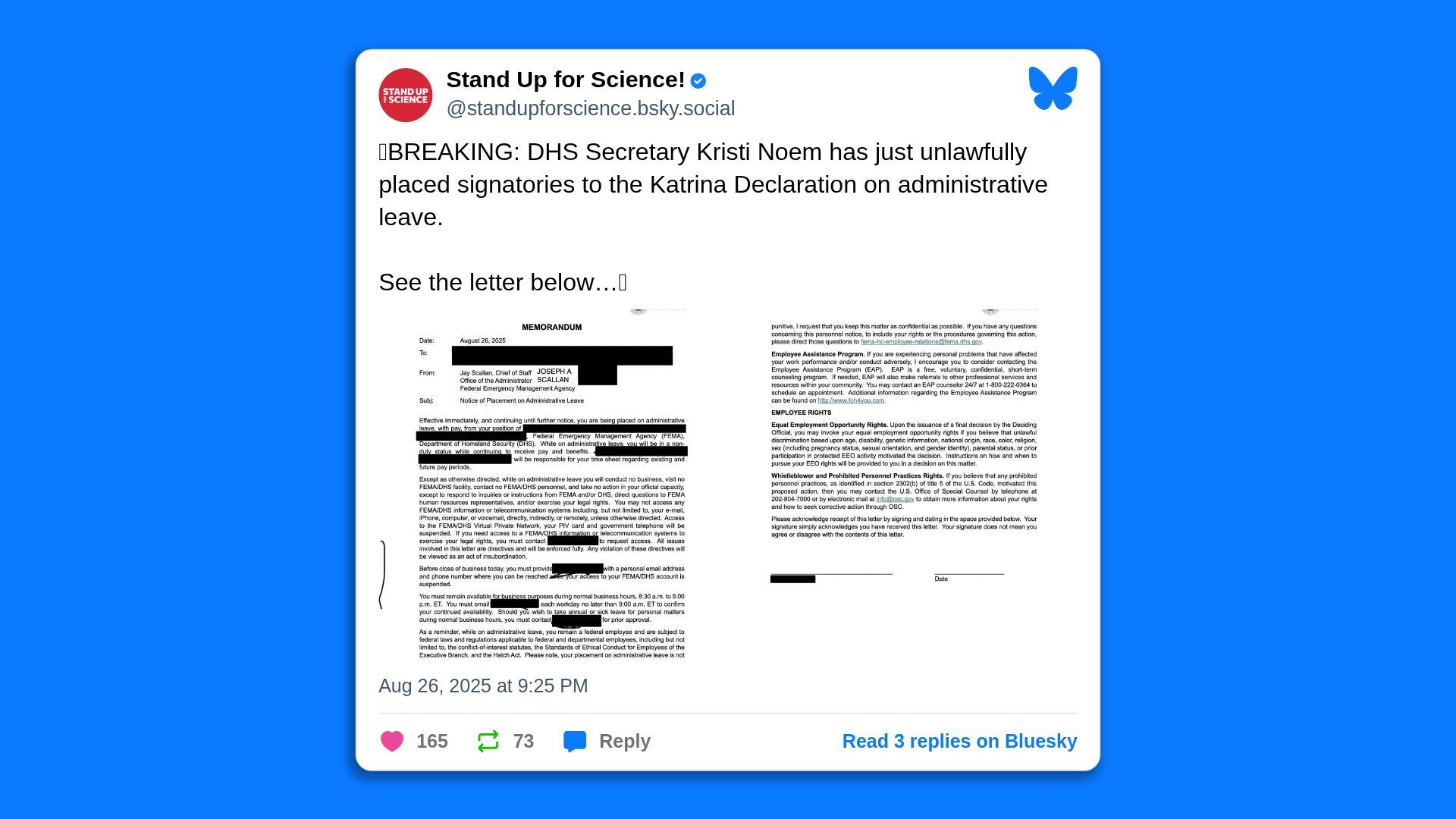 Screenshot of a social media post by Stand Up for Science! announcing DHS Secretary Kristi Noem placed Katrina Declaration signatories on administrative leave, including a partial letter dated August 26, 2025.