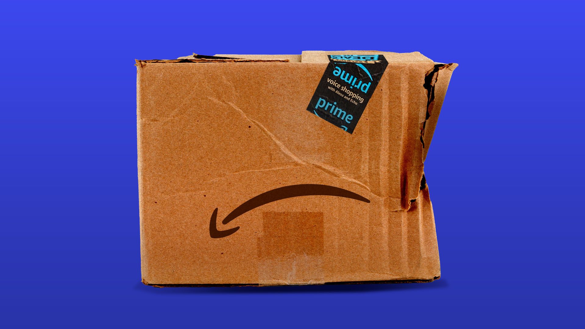 Illustration of a beat-up looking Amazon box, with their logo upside down in a frown