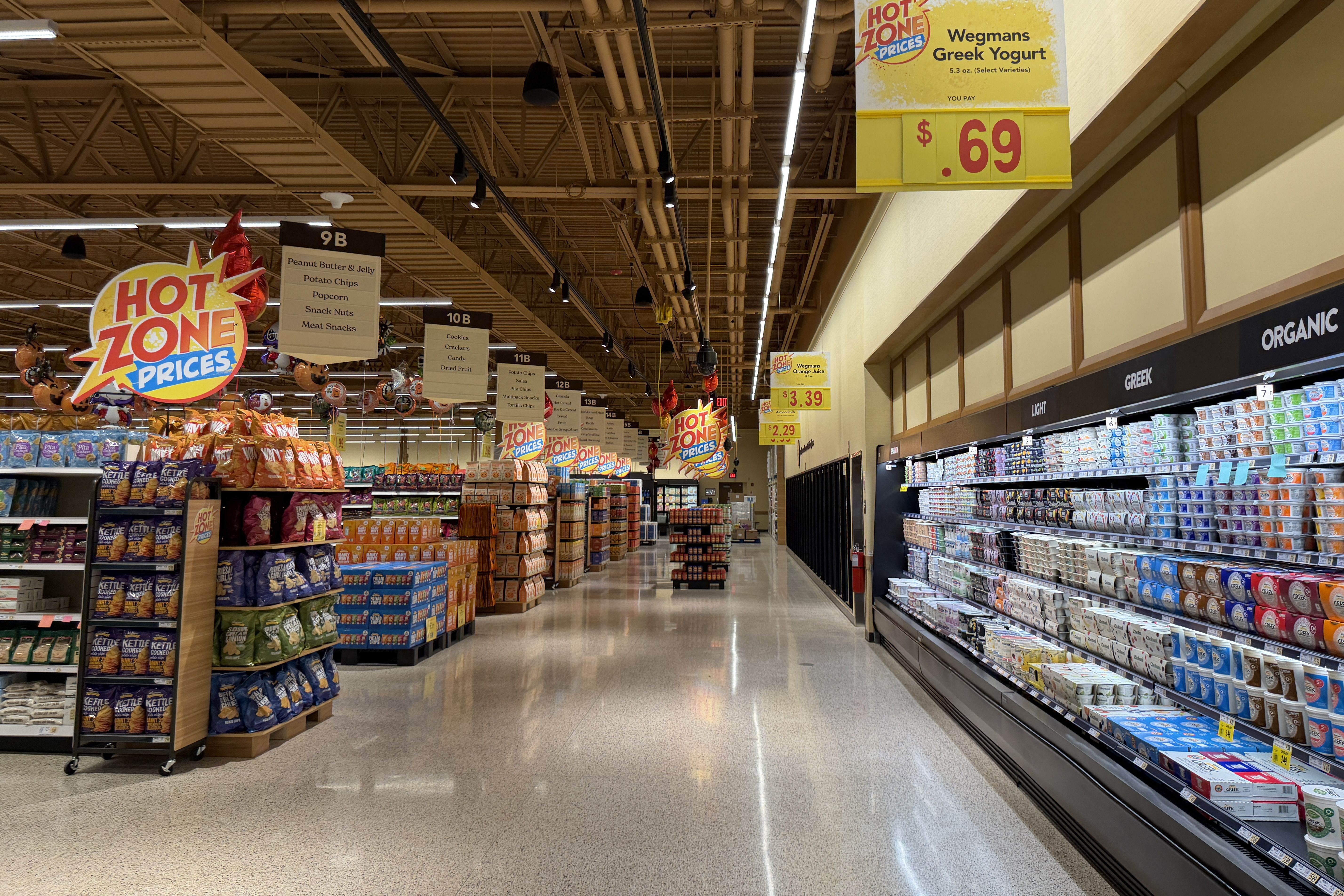 Inside a grocery store, a long aisle with snacks on the left and dairy on the right. Large HOT ZONE PRICES signs hang from the ceiling; a yellow price tag shows $0.69.