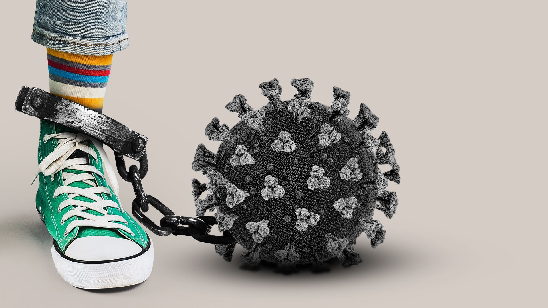 Illustration of a young person's leg wearing a ball and chain made from a large coronavirus cell. 