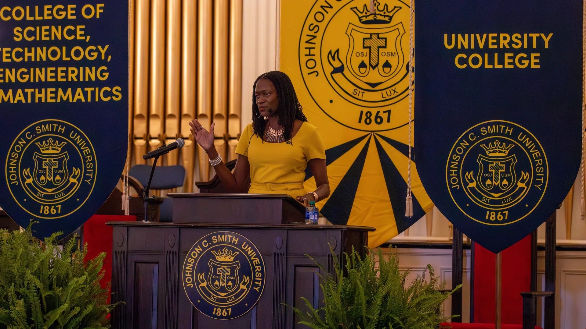 woman talking at a podium