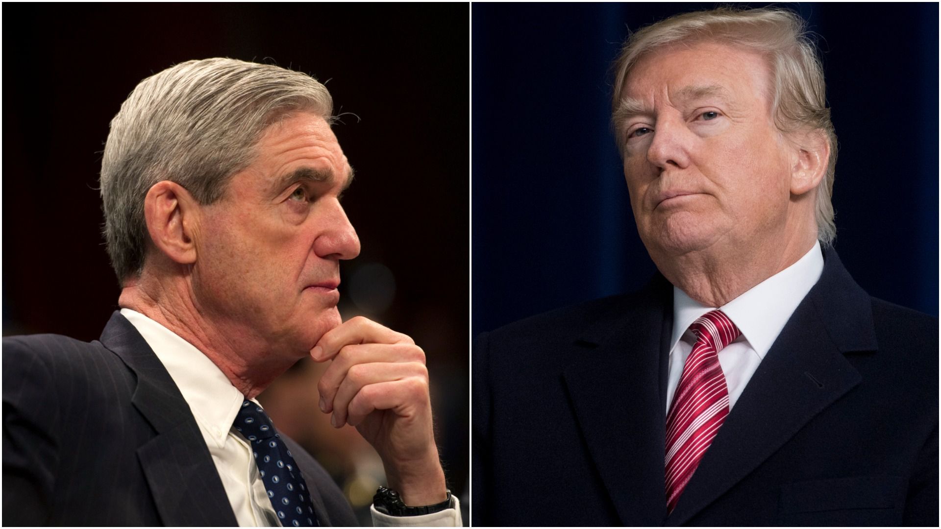 A split image of Robert Mueller and President Trump