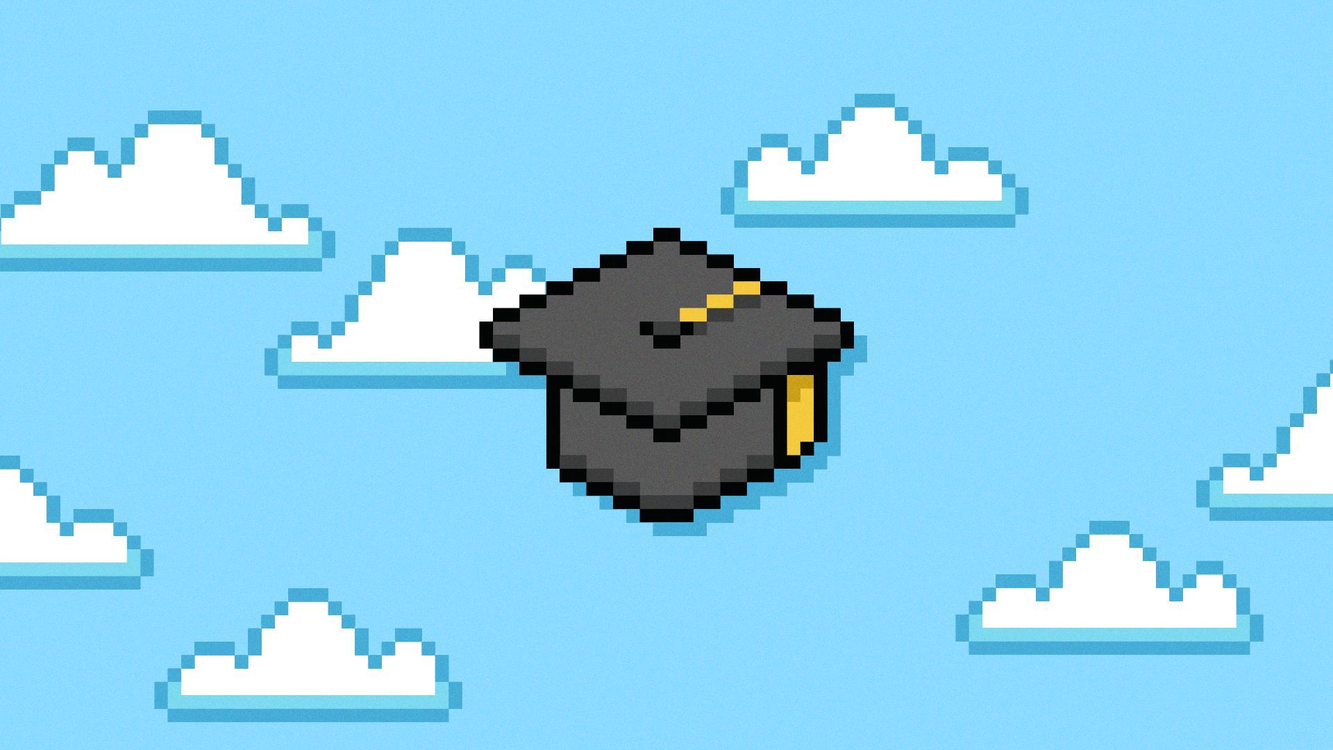 Illustration of an 8-bit graduation cap against a background with clouds.