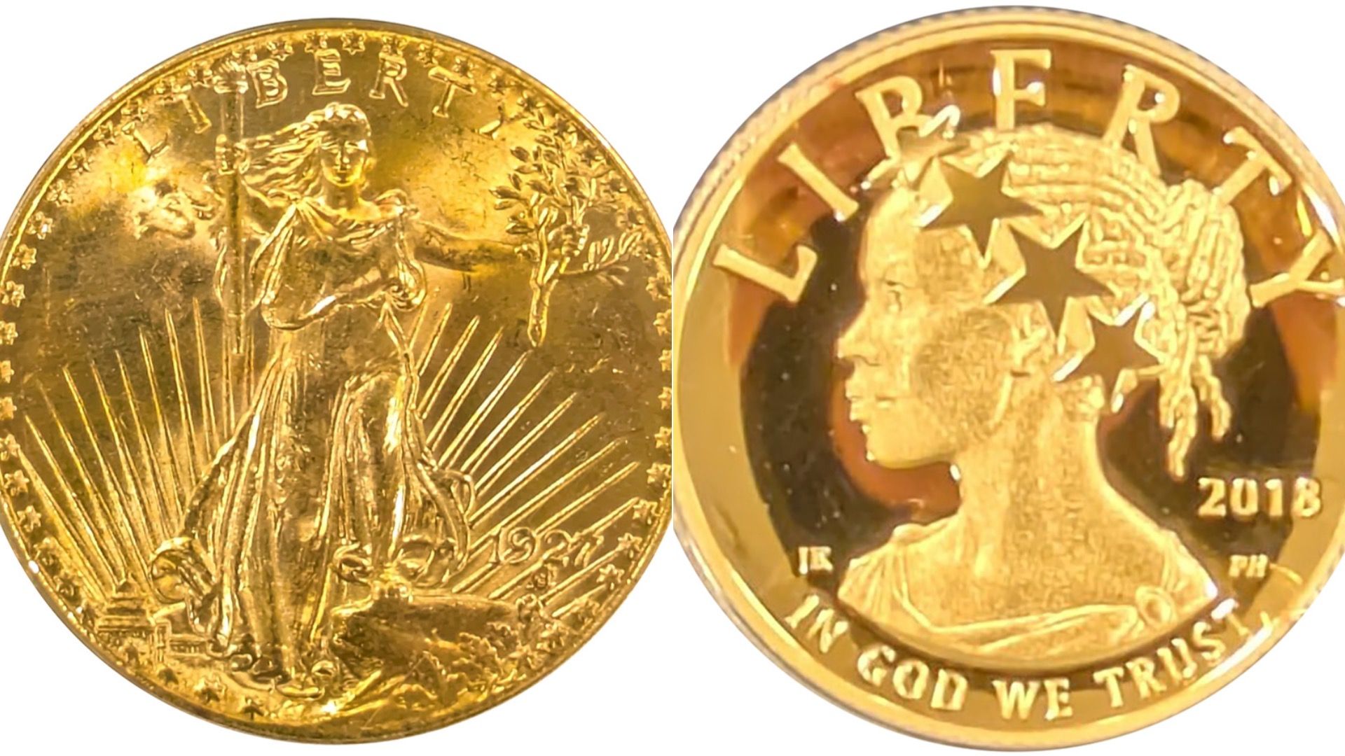 Left to right: 1927 Saint-Gaudens Double Eagle coin and a 2018-W American Liberty $10 coin.