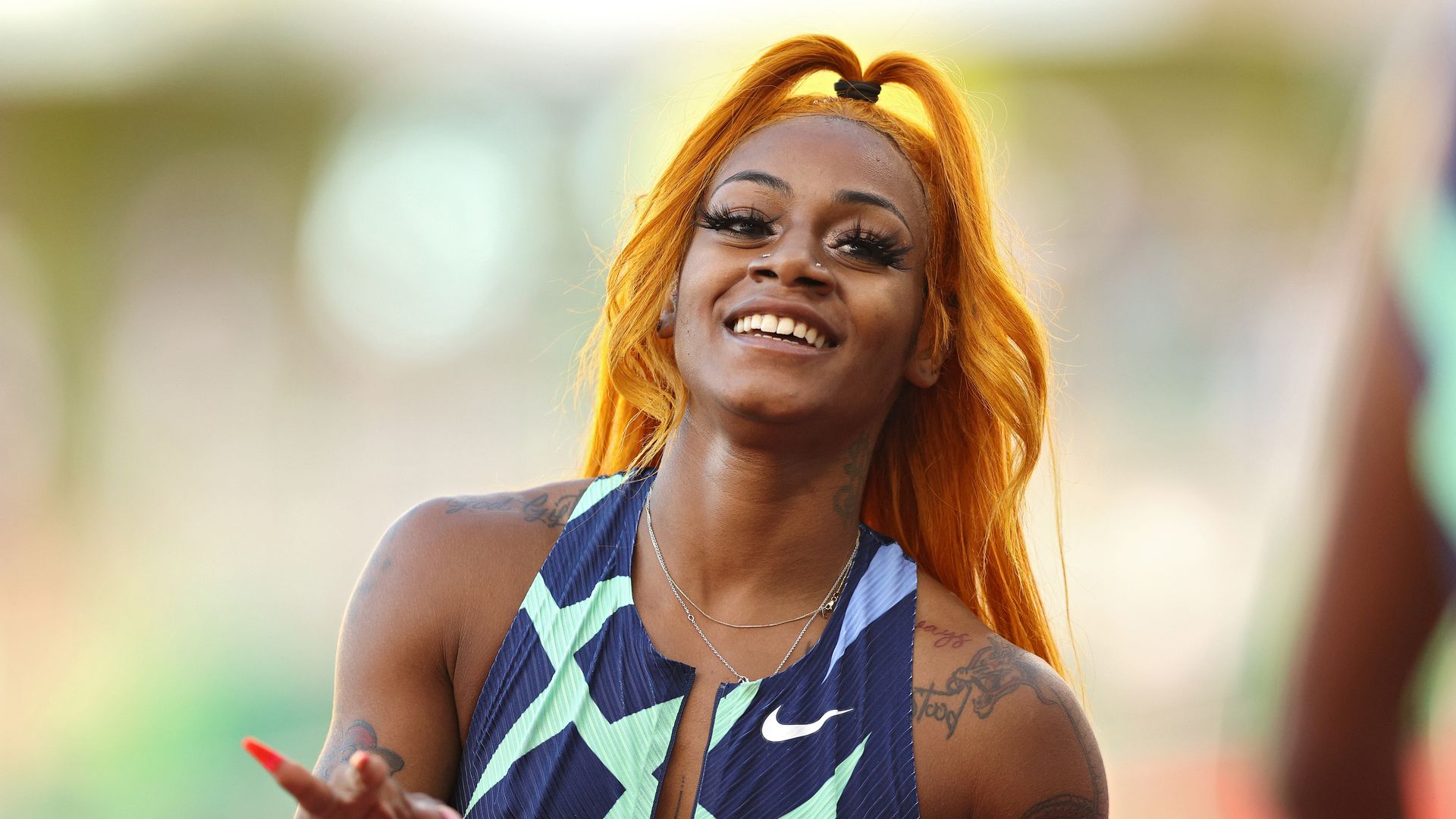 Sha'Carri Richardson looks on after winning the Women's 100 Meter final on day 2 of the 2020 U.S. Olympic Track & Field Team Trials at Hayward Field on June 19, 2021 in Eugene, Oregon