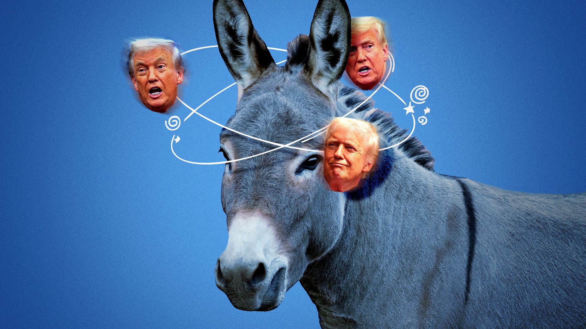 Photo illustration of Donald Trump's face swirling around a dazed donkey.