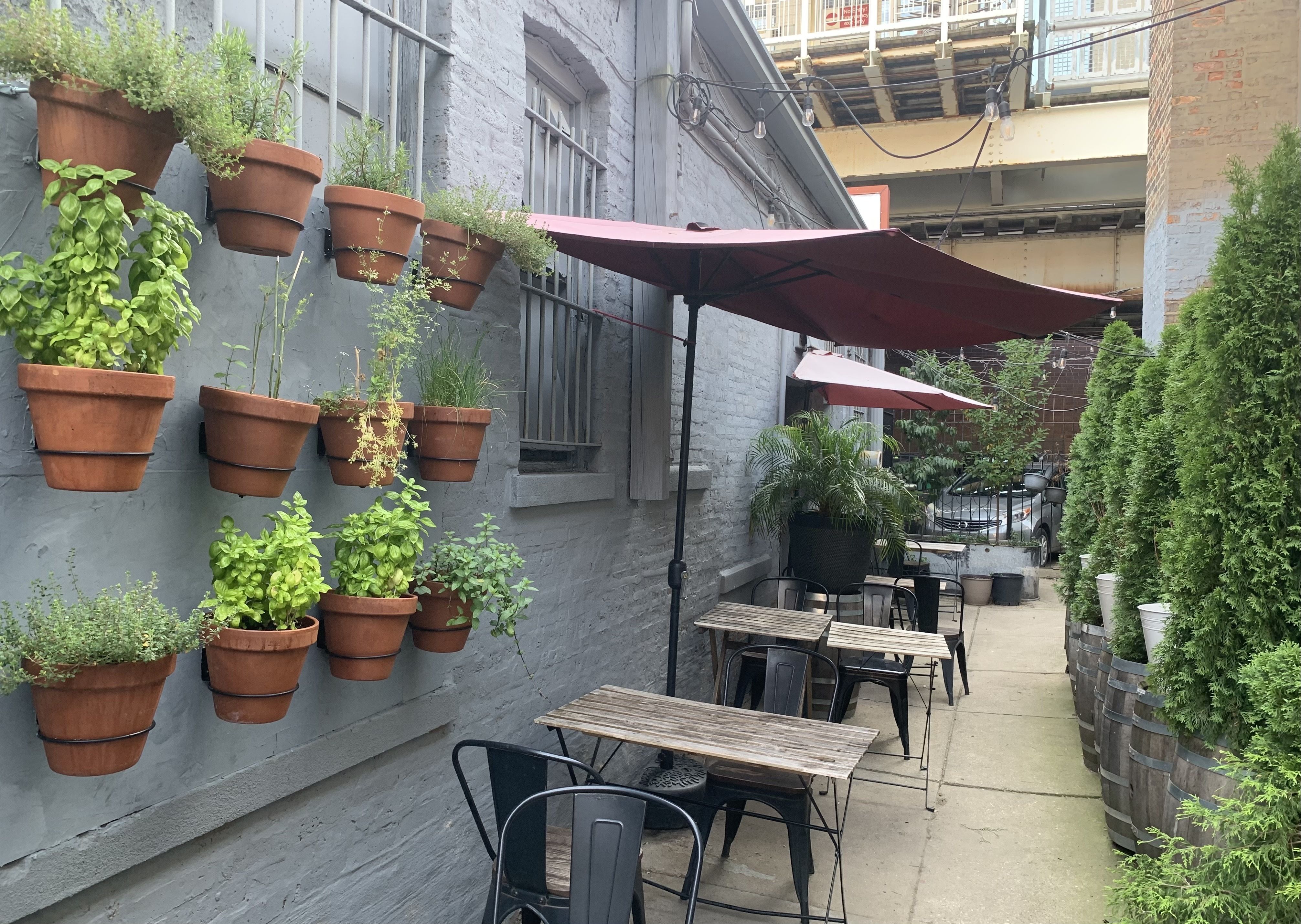 Narrow outdoor café seating with wooden tables, black metal chairs, burgundy umbrellas, terracotta pots with green plants on gray wall, and potted greenery along pathway.