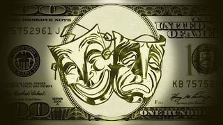 Illustration of a hundred dollar bill with drama and comedy masks in place of Benjamin Franklin
