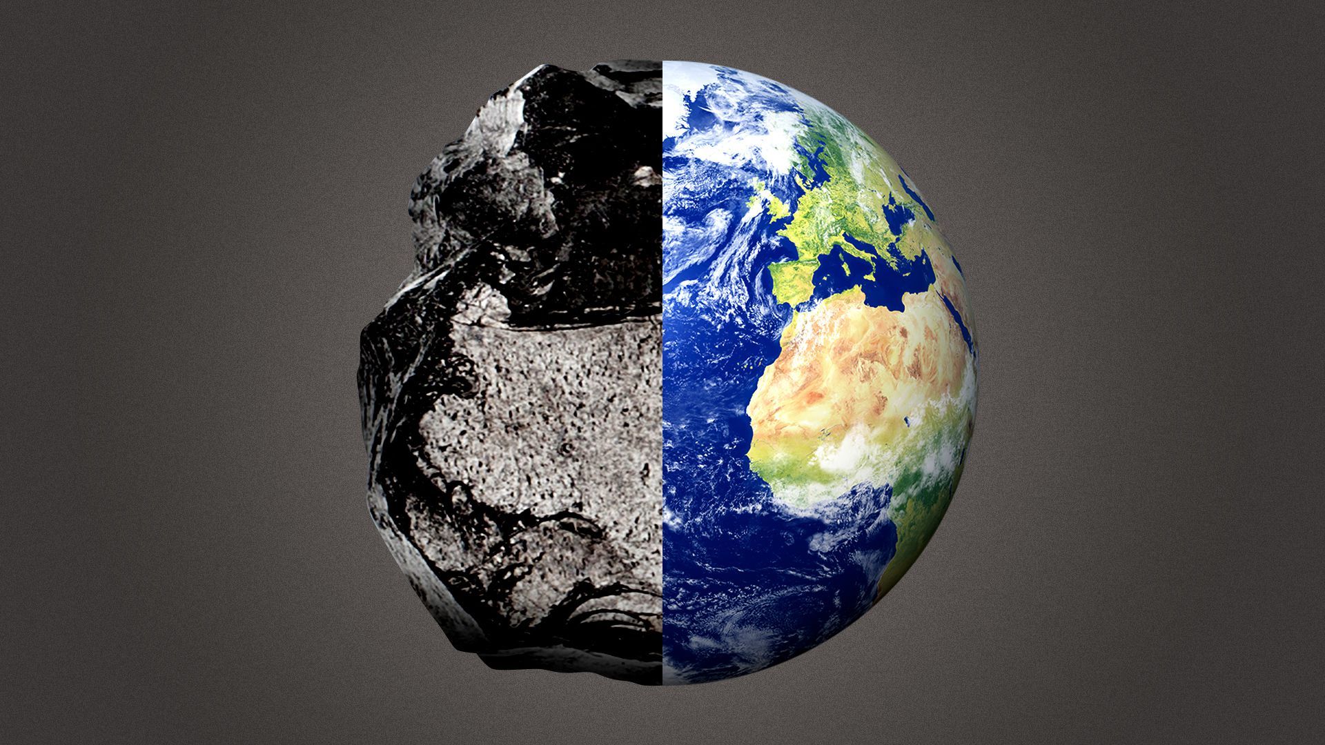 Illustration of half of an Earth and half of a rounded piece of coal forming a whole circle. 