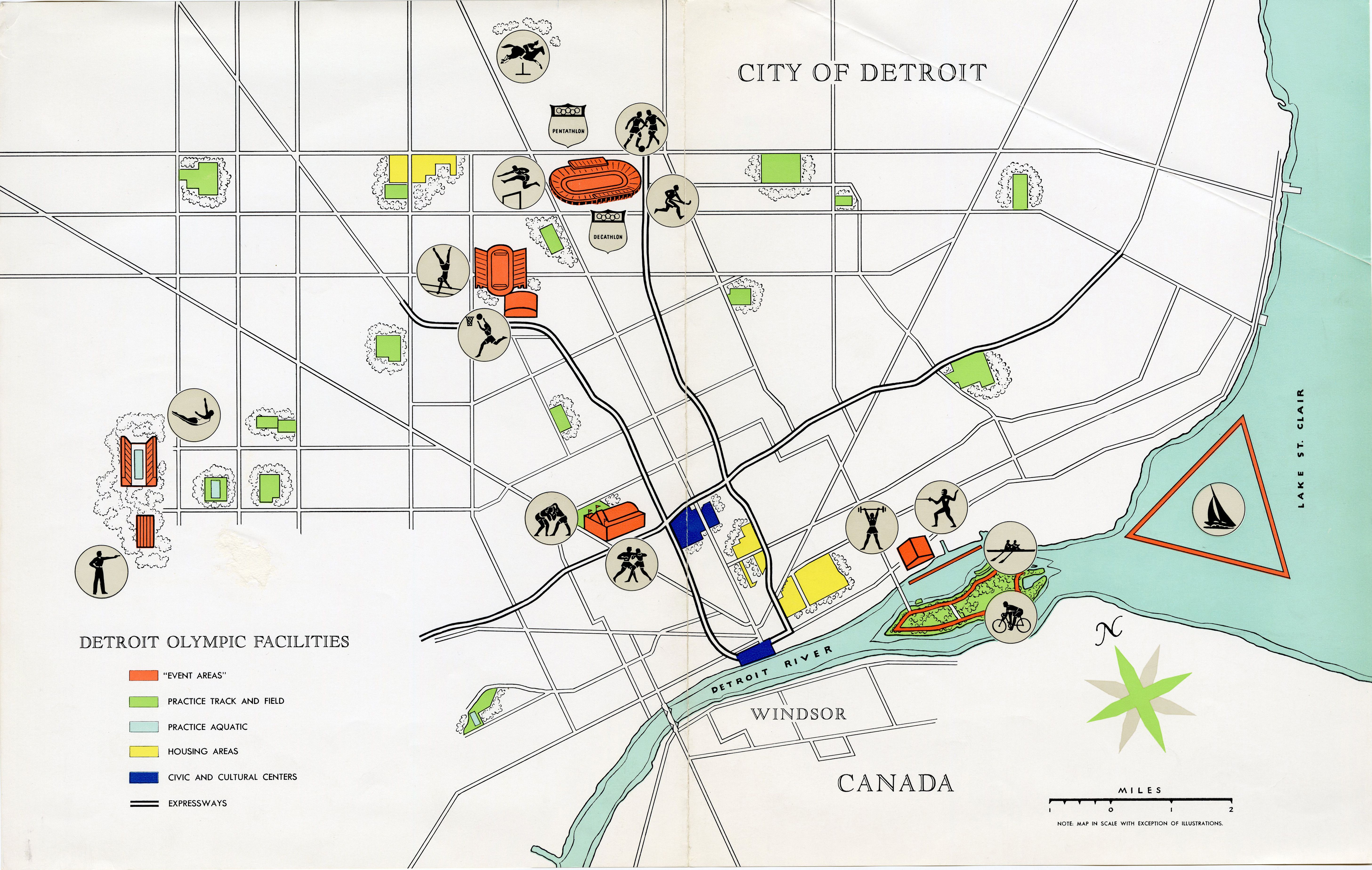 A map shows facilities proposed for 1968 summer Olympics activities in Detroit.  