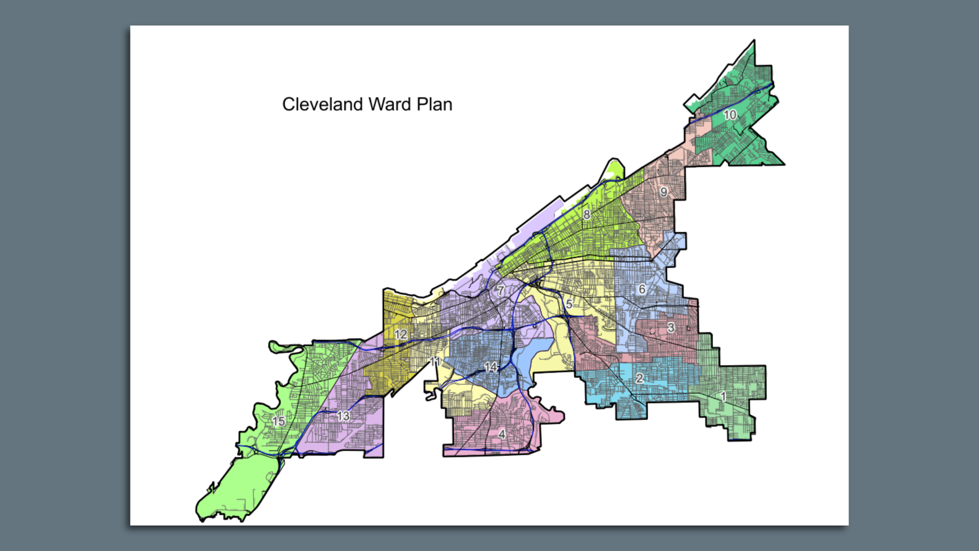 Map of Cleveland divided into 15 color-coded wards with numbers, titled Cleveland Ward Plan, showing streets and blue boundary lines.