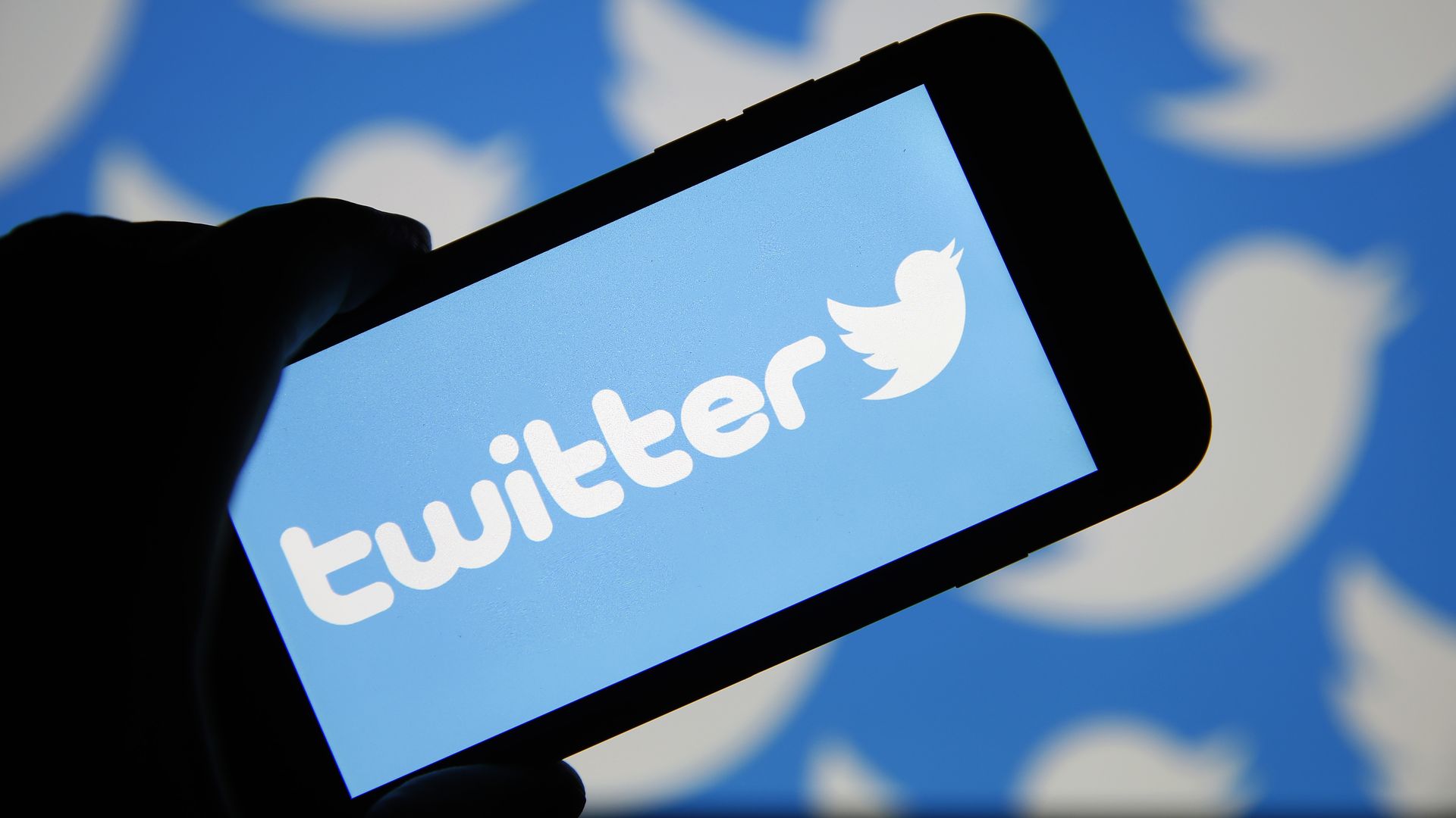 In this image, someone holds their phone directly up to the camera. The phone displays the blue and white Twitter logo.
