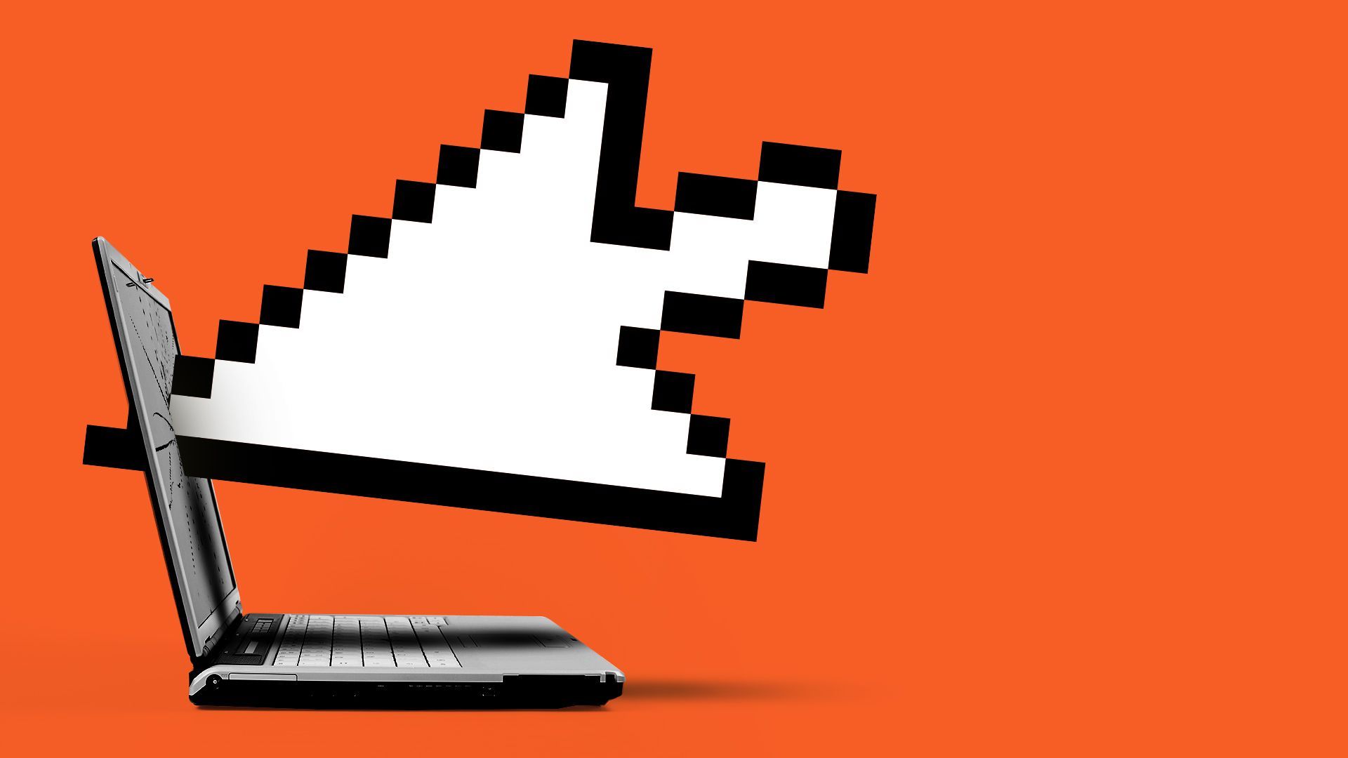 Illustration of a giant cursor piercing a laptop screen. 