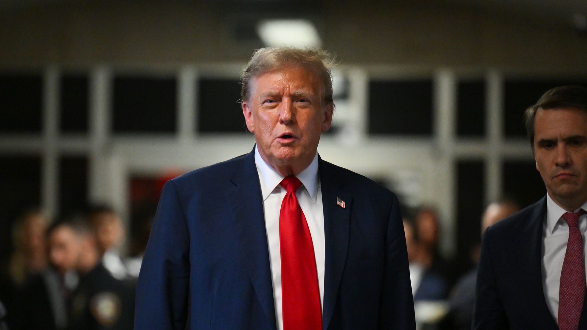  Former U.S. President Donald Trump speaks to the press after the first day of his trial for allegedly covering up hush money payments at Manhattan Criminal Court on April 15, 2024 in New York City