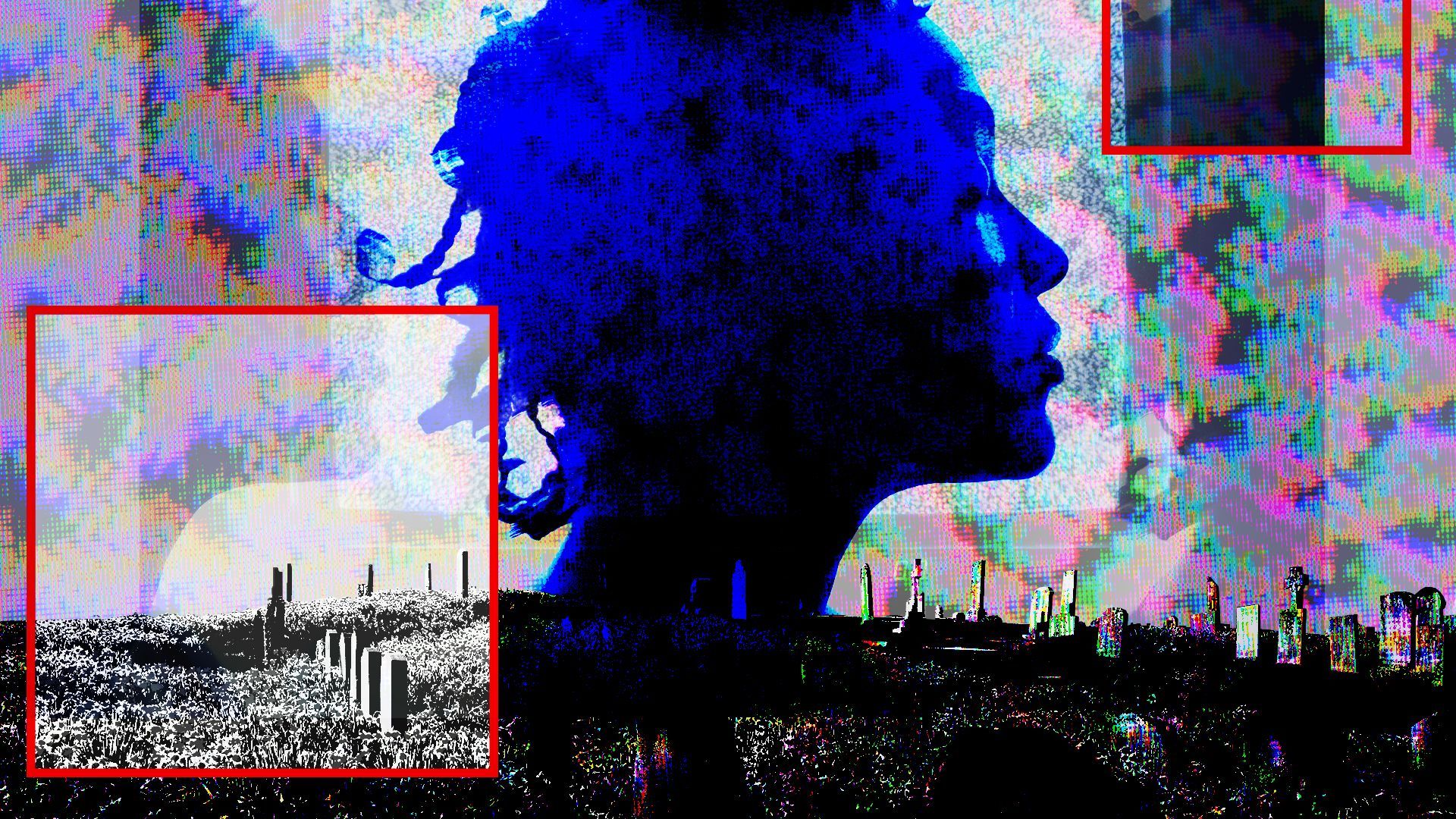 Illustration of a pixelated, distorted image of a person's face placed above a cemetery.