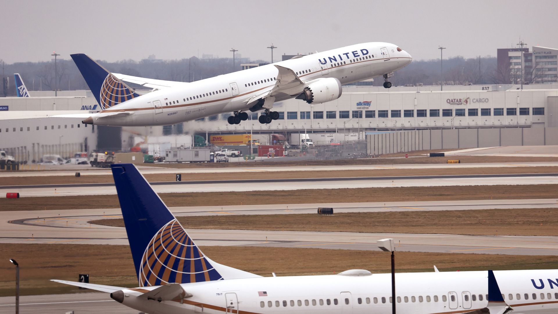 A United Airlines flight lifts off at O'Hare International Airport on December 13, 2022 in Chicago, Illinois..