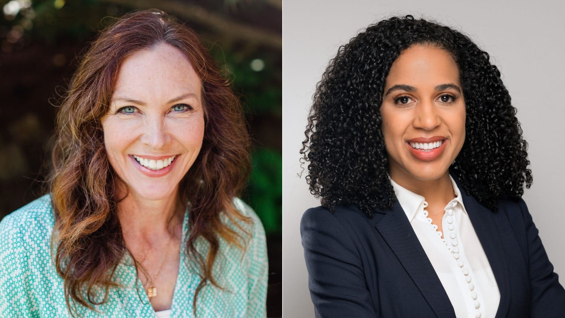 Side-by-side portraits: left, smiling Ann Davison with wavy reddish-brown hair and green patterned shirt outdoors; right, smiling Erika Evans with curly black hair, white blouse, navy blazer indoors.