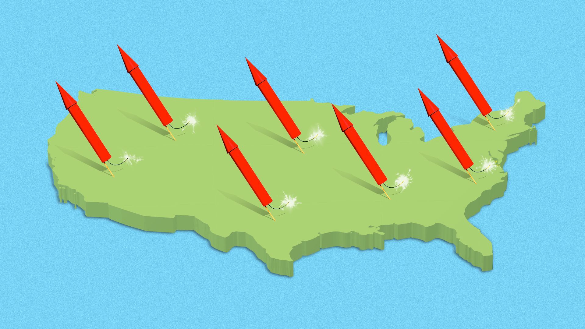 Illustration of a map of the U.S. with fireworks set to go off from different locations.