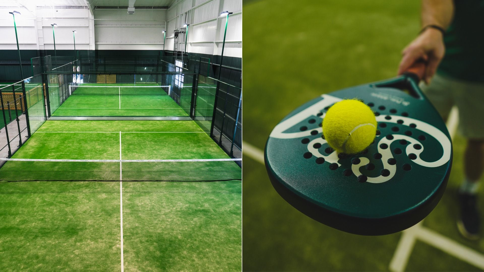 Split image: left view of an indoor padel court with green turf and glass walls; right close-up of a teal padel racket with a bright yellow ball on it.