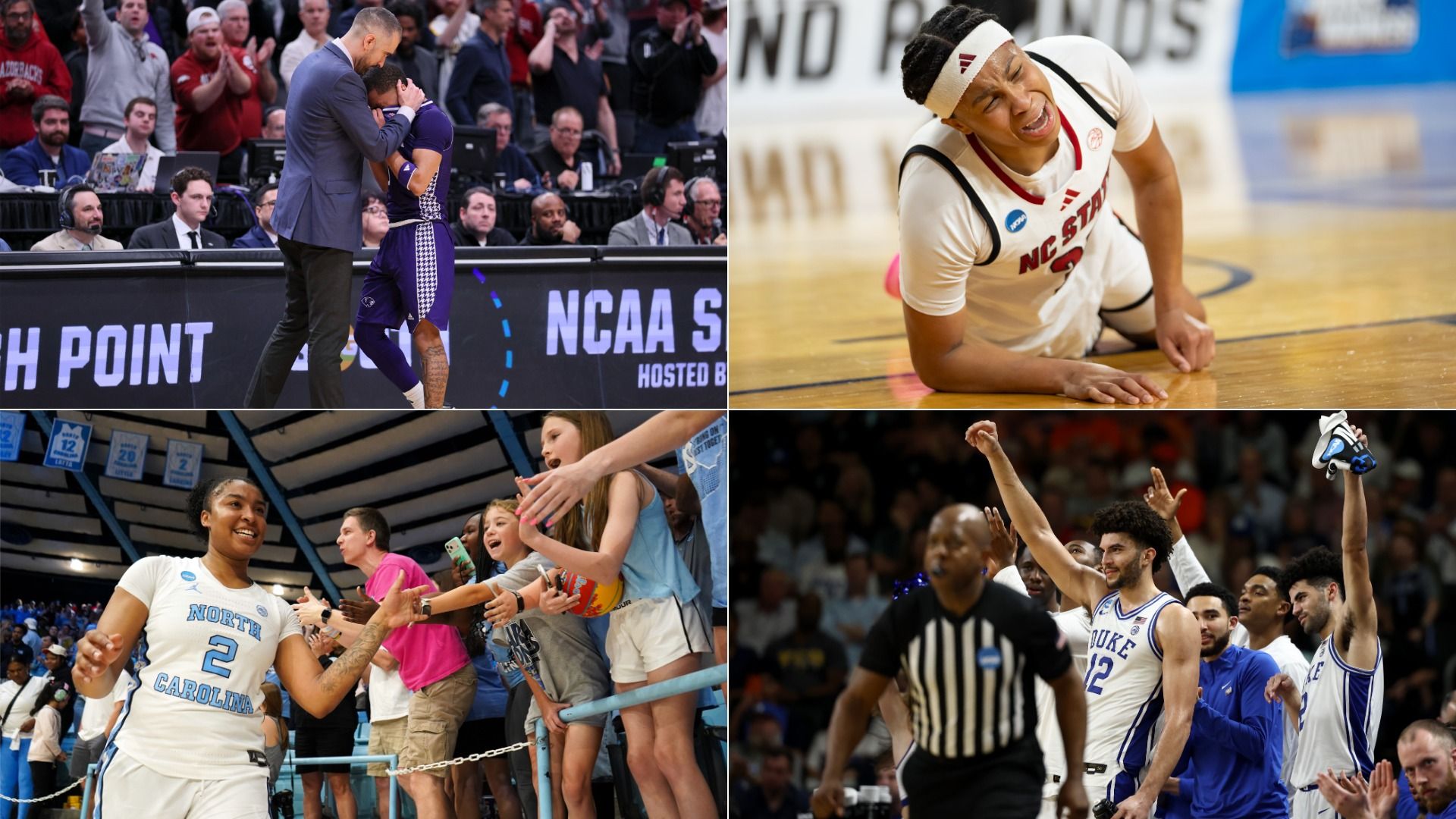 Four college basketball scenes: top left, High Point coach and purple-uniform player hug; top right, NC State player grimaces on the court; bottom left, UNC guard high-fives fans; bottom right, Duke players celebrate.