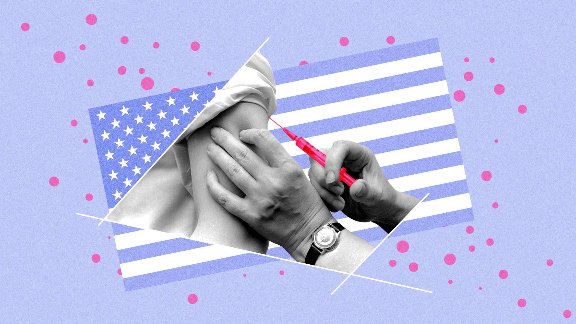 Collage of an arm receiving a vaccination shot over an American flag, with measles dots scattered through