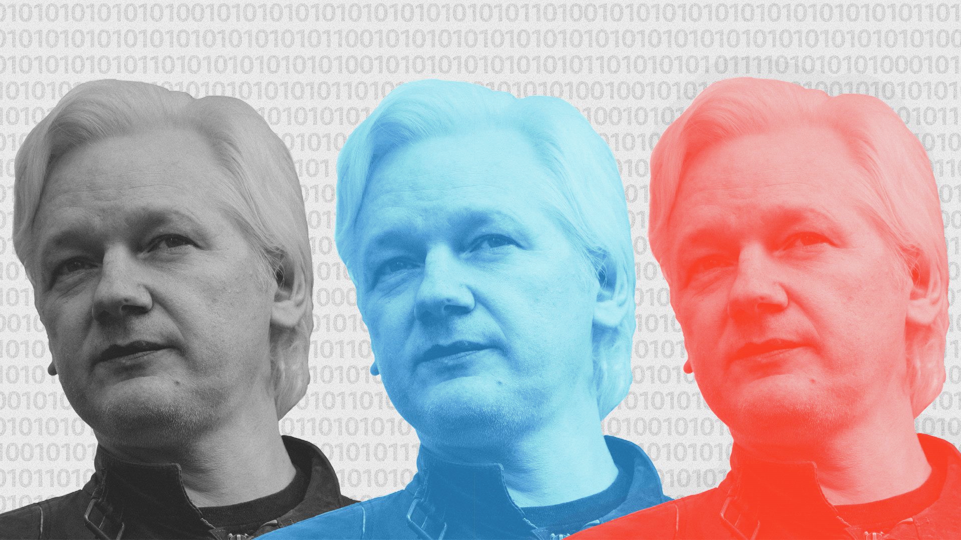 Three different colored images of Julian Assange's head