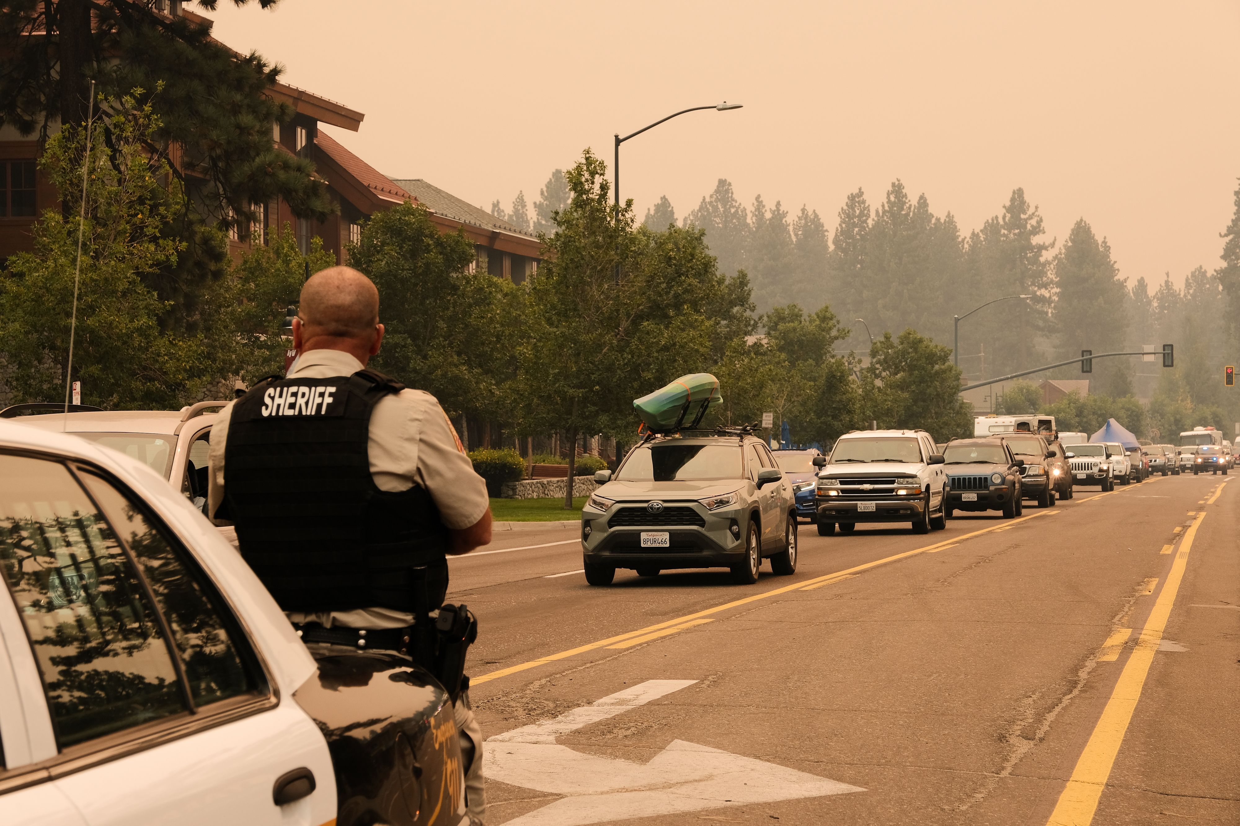 Traffic on Highway 50 as people evacuate ahead of the Caldor Fire in South Lake Tahoe, California on Aug. 30. 