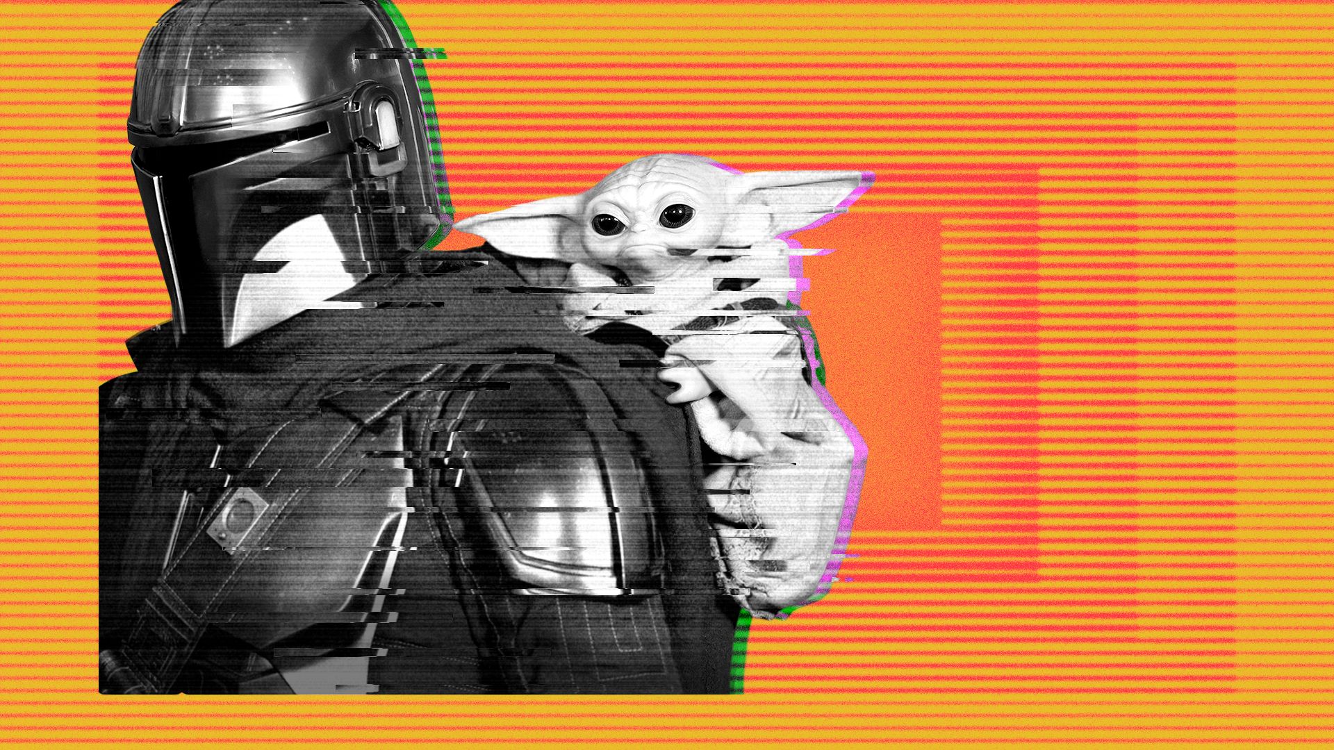 Photo illustration of a glitching image of the Mandalorian and Grogu framed by a progression of rectangles with a screen line pattern.