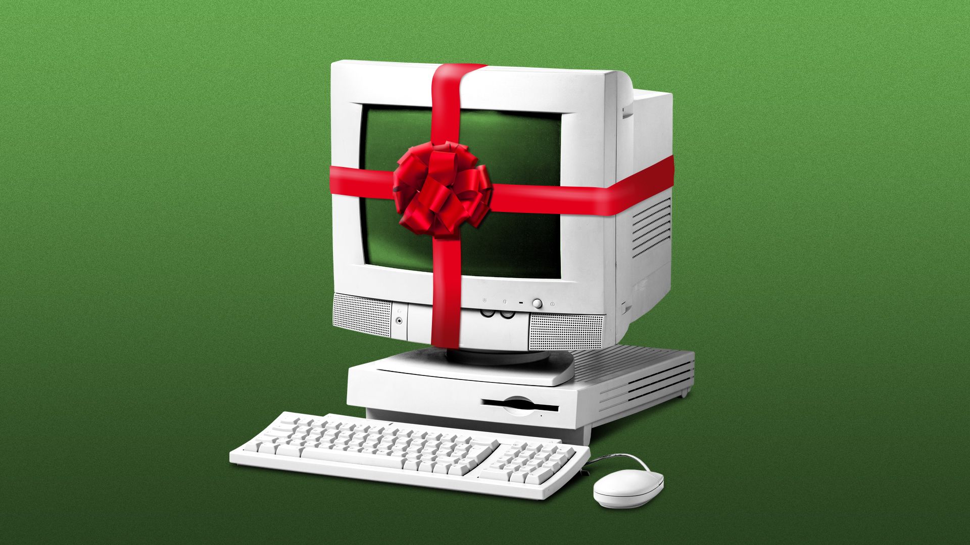 Illustration of an old desktop computer wrapped in ribbon like a gift