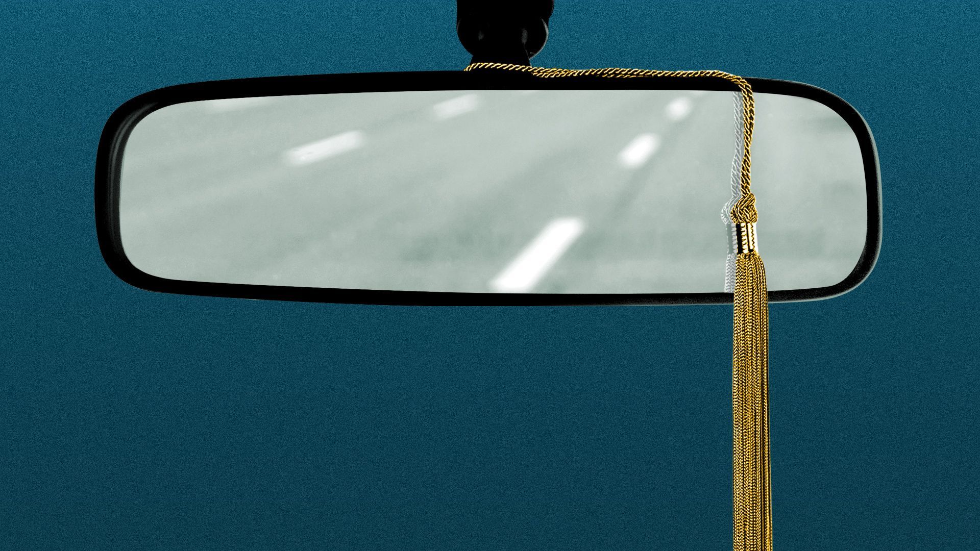 Illustration of a rear view mirror with a road reflected in it, and a graduation cap tassel hanging from it.