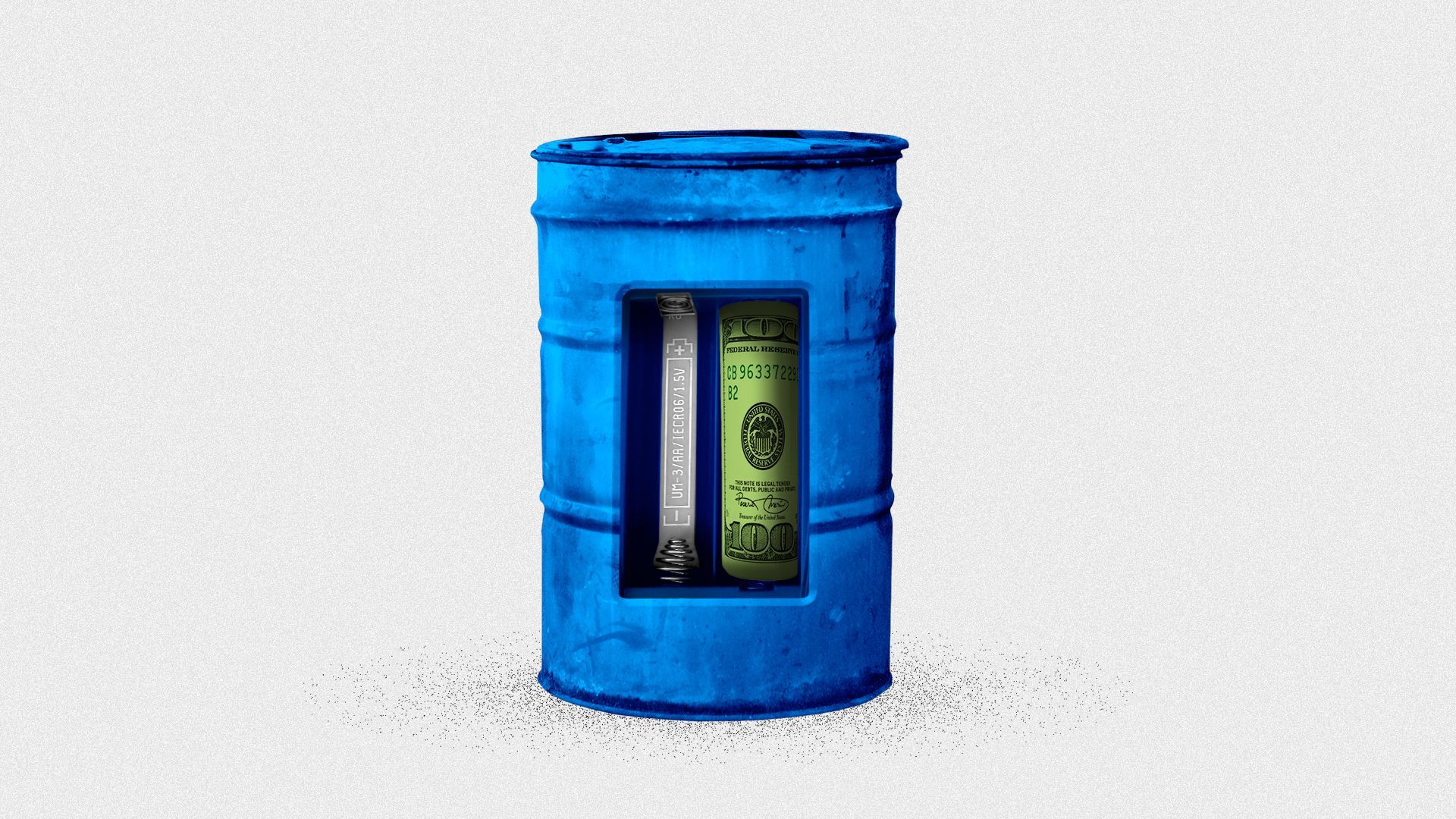 Illustration of an oil barrel with a battery compartment, a hundred dollar bill is rolled into one of the battery sockets.