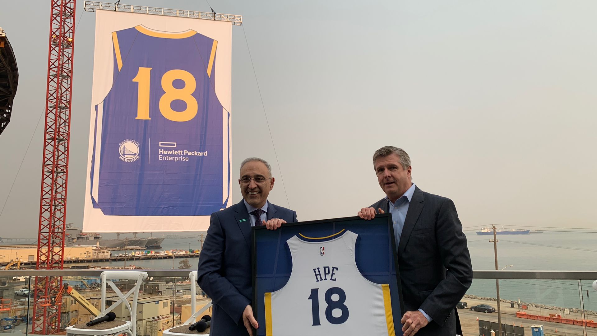 Hewlett Packard Enterprise CEO Antonio Neri and Golden State Warriors CEO Rick Welts announce their companies' partnership.