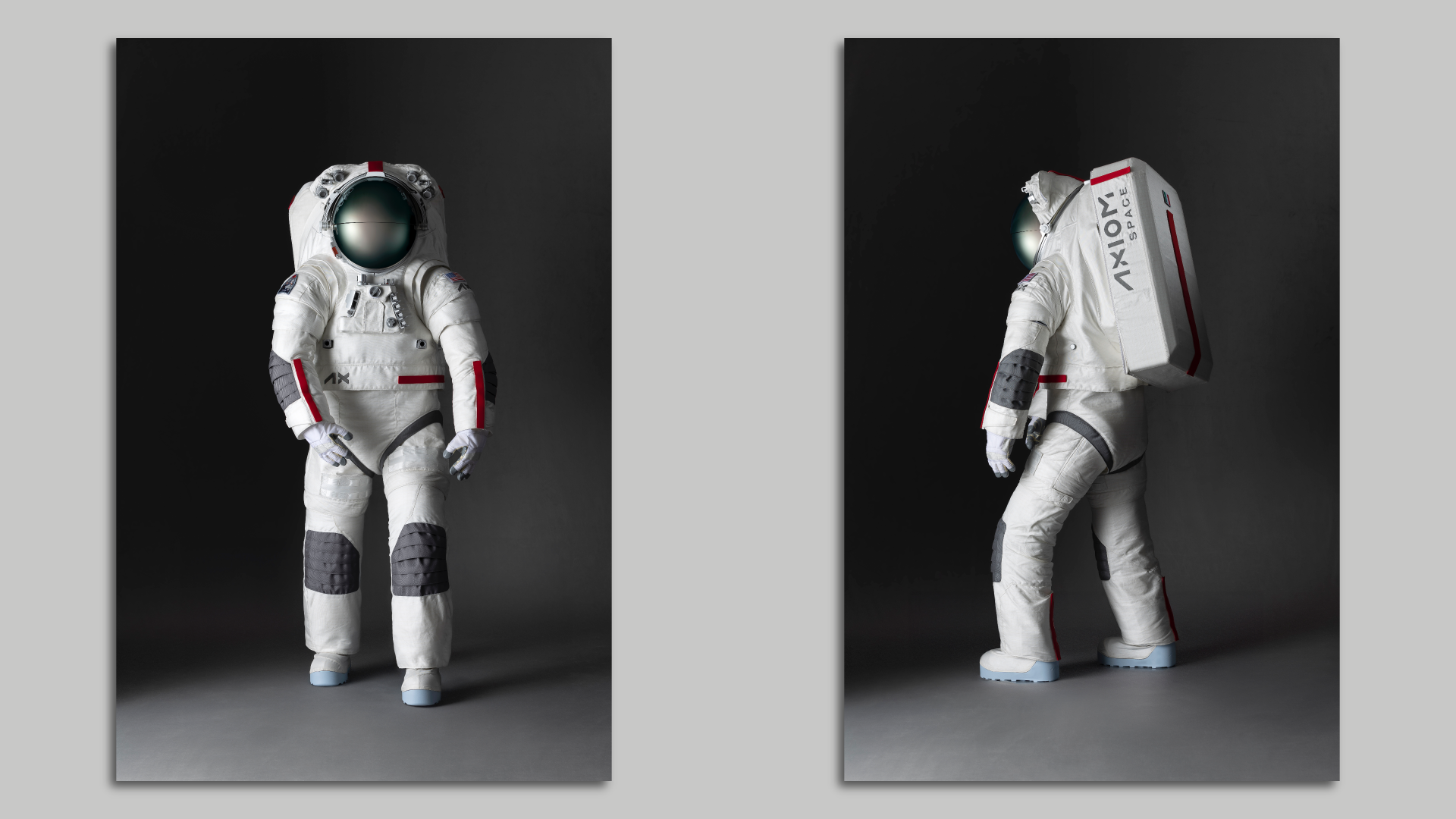 two photos of a spacesuit side by side on a gray background