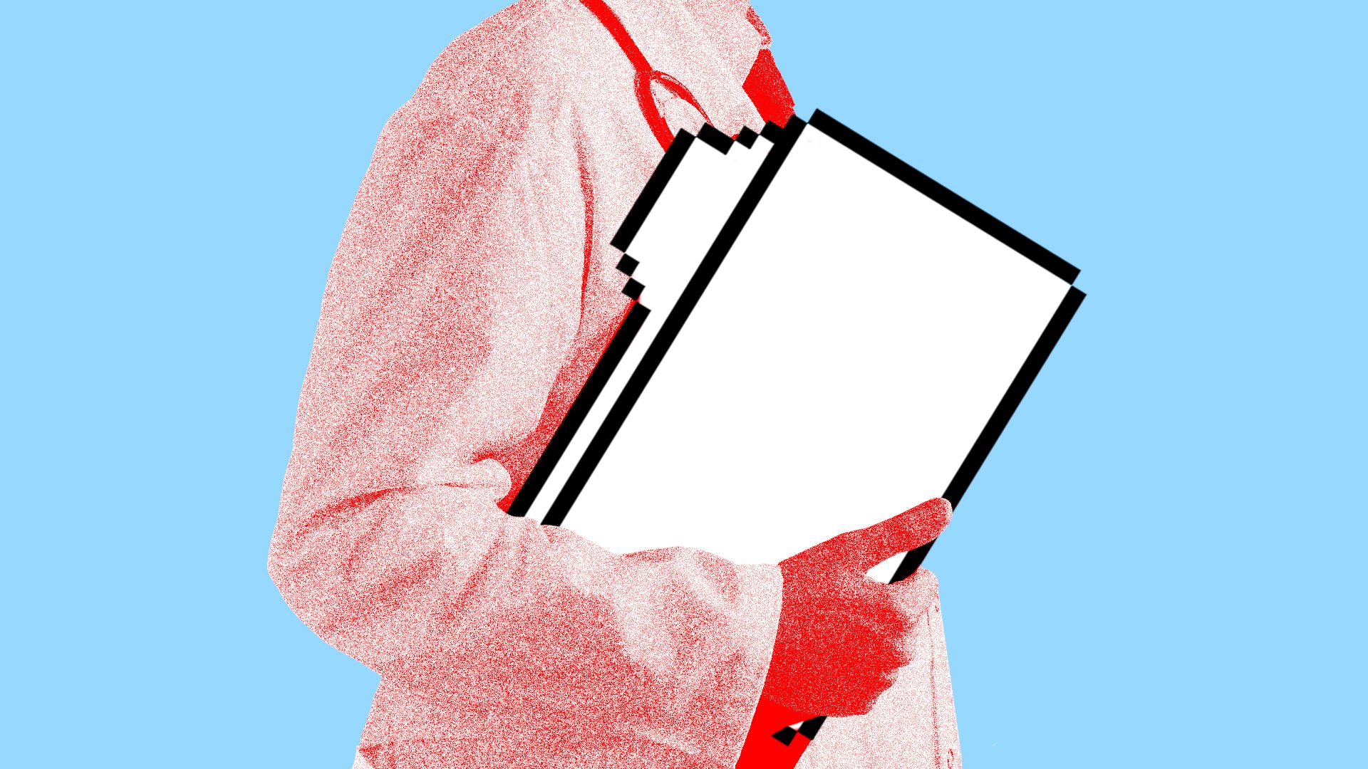 Illustration of a doctor carrying a computer as a file