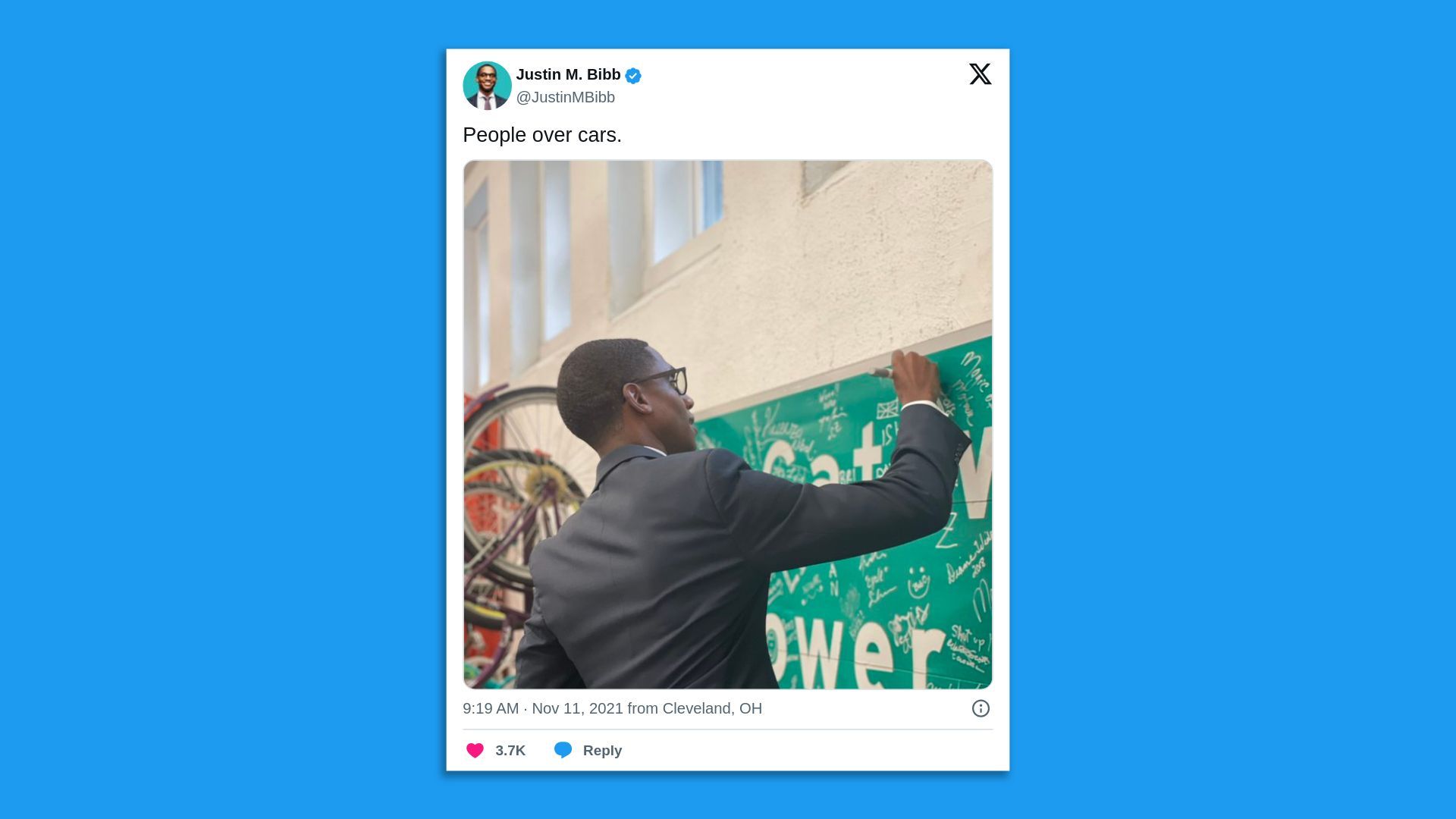 Screenshot of Cleveland Mayor Justin Bibb X post saying "People over cars"
